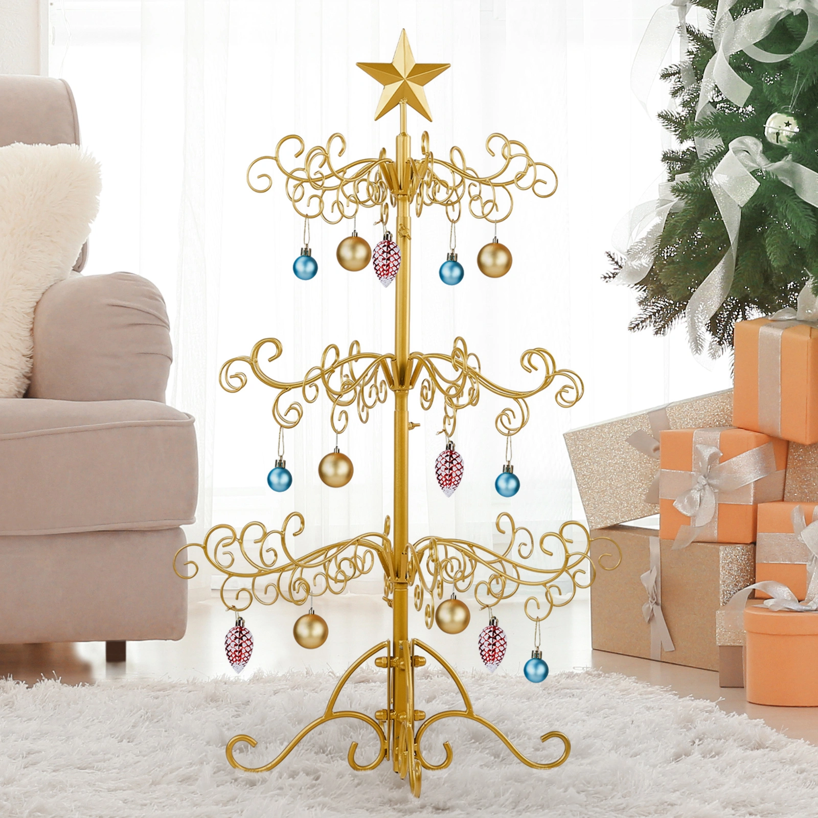 3ft Wrought Iron Christmas Tree Stand, Metal Ornament Display Hanger for Indoor Outdoor Holiday Decor, Gold view 2