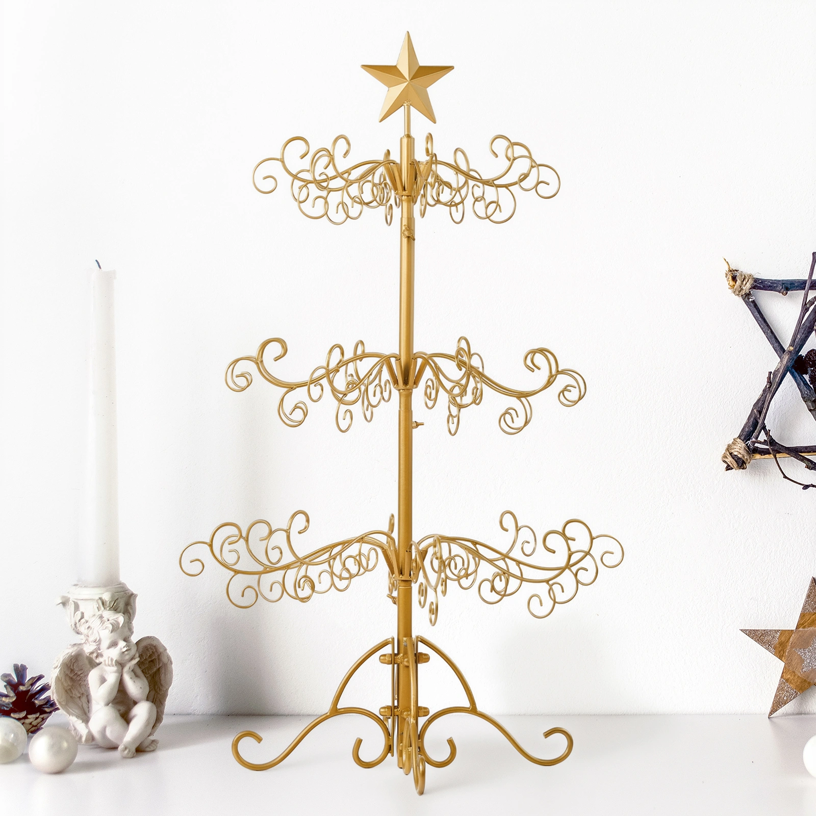 3ft Wrought Iron Christmas Tree Stand, Metal Ornament Display Hanger for Indoor Outdoor Holiday Decor, Gold view 4
