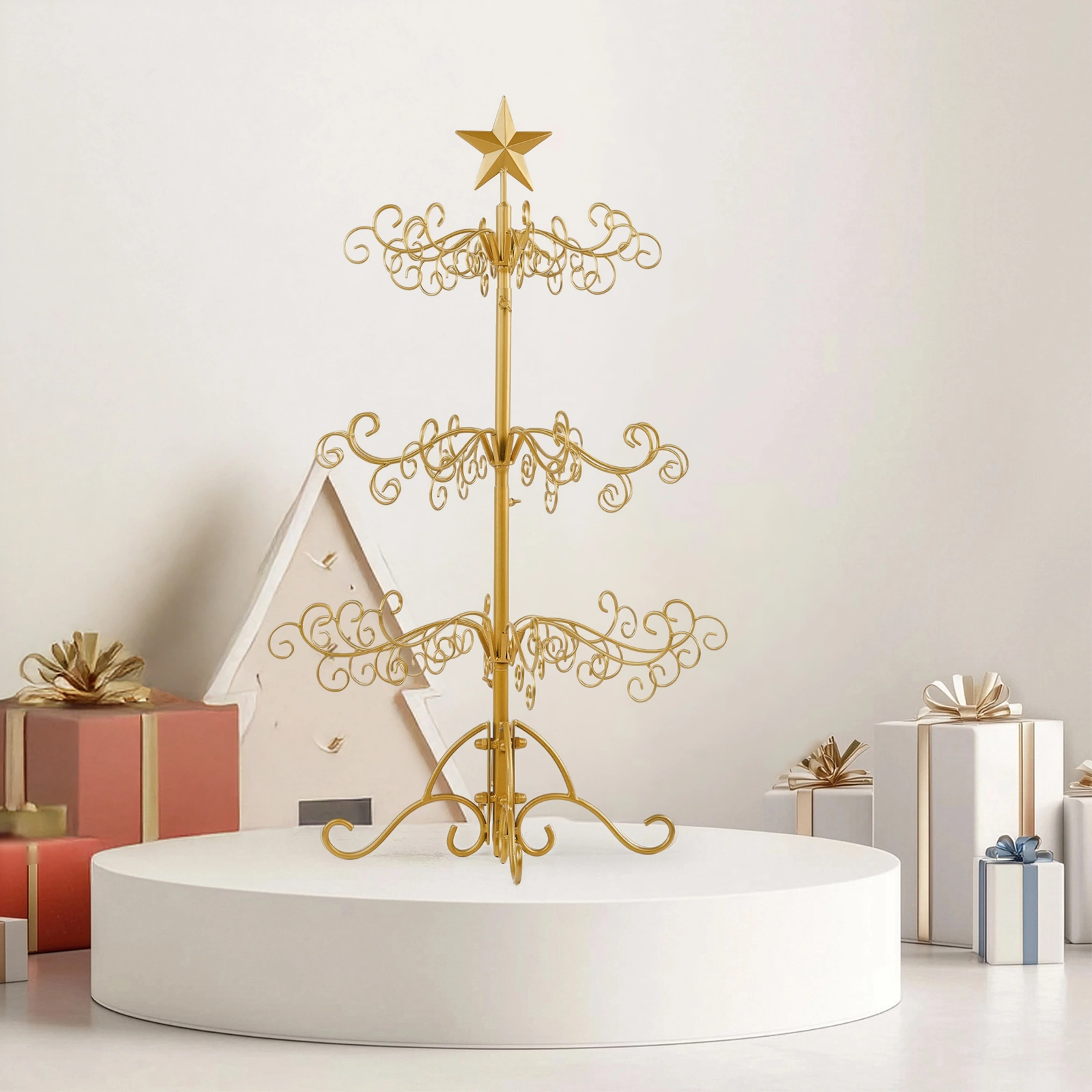 3ft Wrought Iron Christmas Tree Stand, Metal Ornament Display Hanger for Indoor Outdoor Holiday Decor, Gold view 5