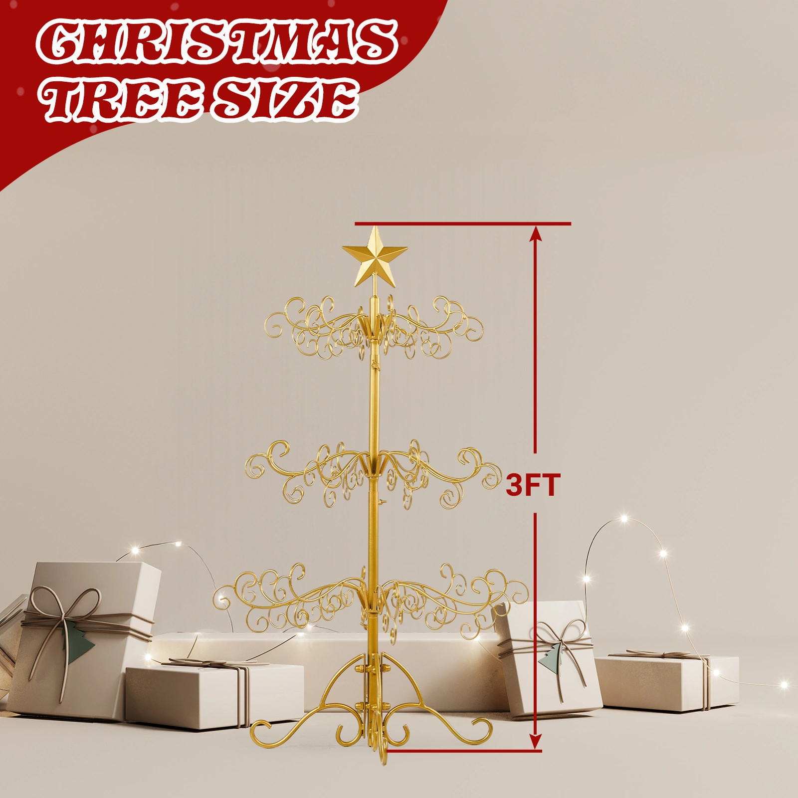 3ft Wrought Iron Christmas Tree Stand, Metal Ornament Display Hanger for Indoor Outdoor Holiday Decor, Gold view 6