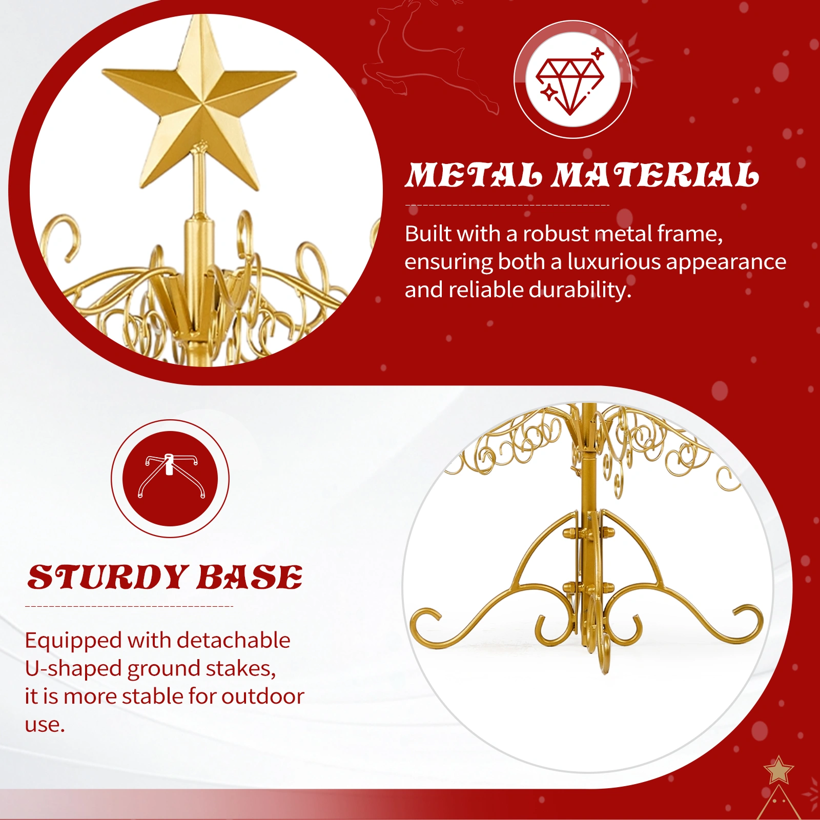 3ft Wrought Iron Christmas Tree Stand, Metal Ornament Display Hanger for Indoor Outdoor Holiday Decor, Gold view 7