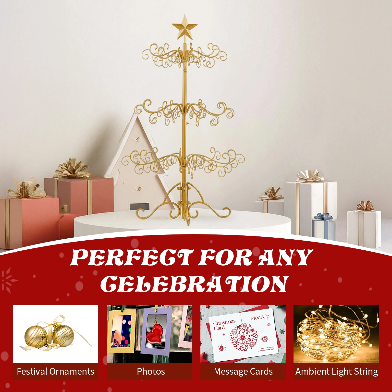 3ft Wrought Iron Christmas Tree Stand, Metal Ornament Display Hanger for Indoor Outdoor Holiday Decor, Gold view 8