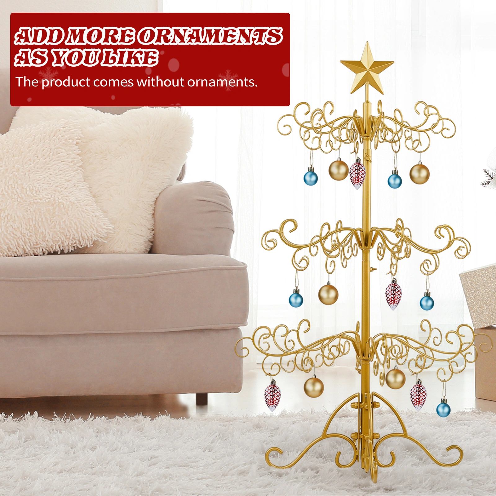 3ft Wrought Iron Christmas Tree Stand, Metal Ornament Display Hanger for Indoor Outdoor Holiday Decor, Gold view 9