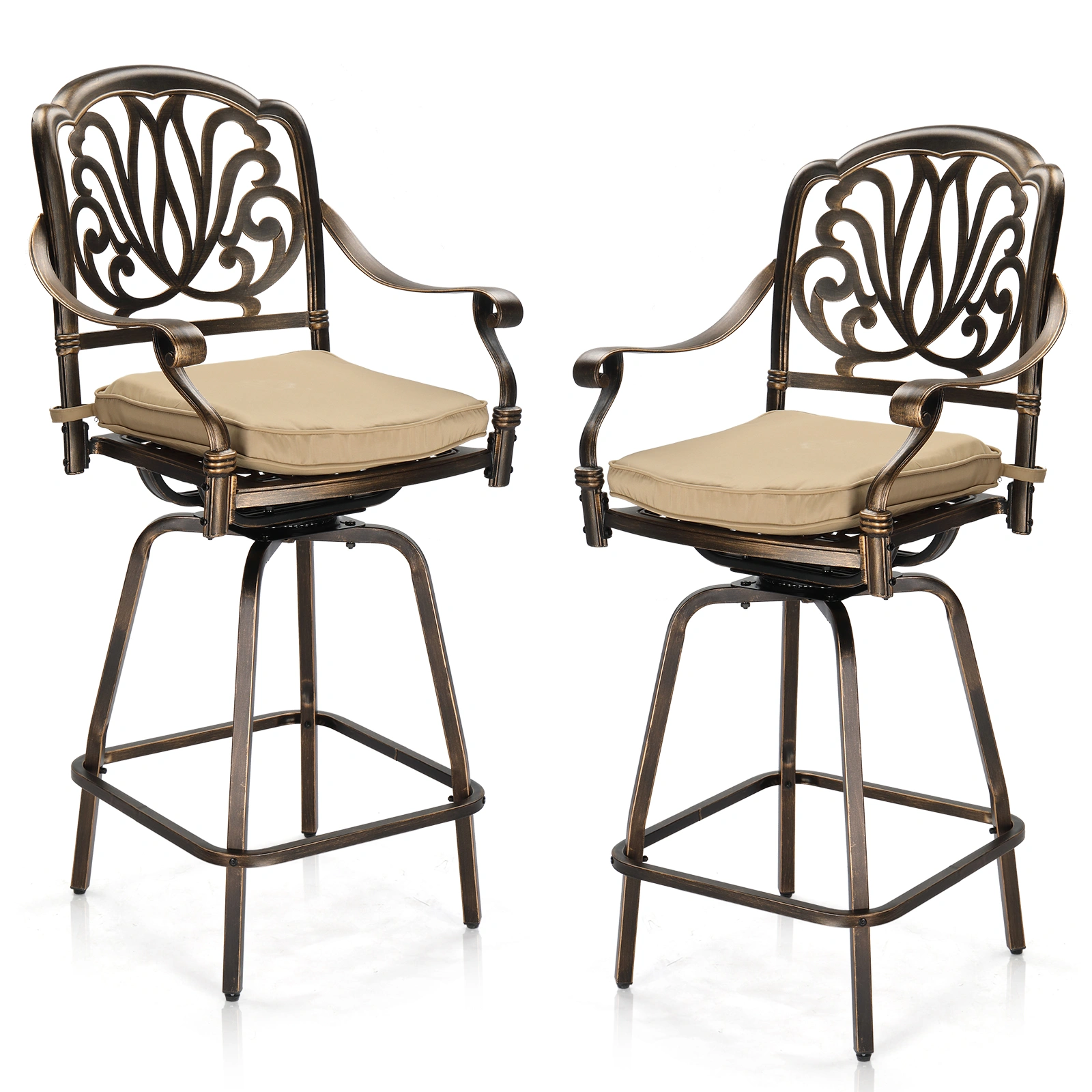 Set of 2 Outdoor Swivel Bar Stools, Cast Aluminum Patio Bar Height Chairs, Elizabethan Back, All-Weather