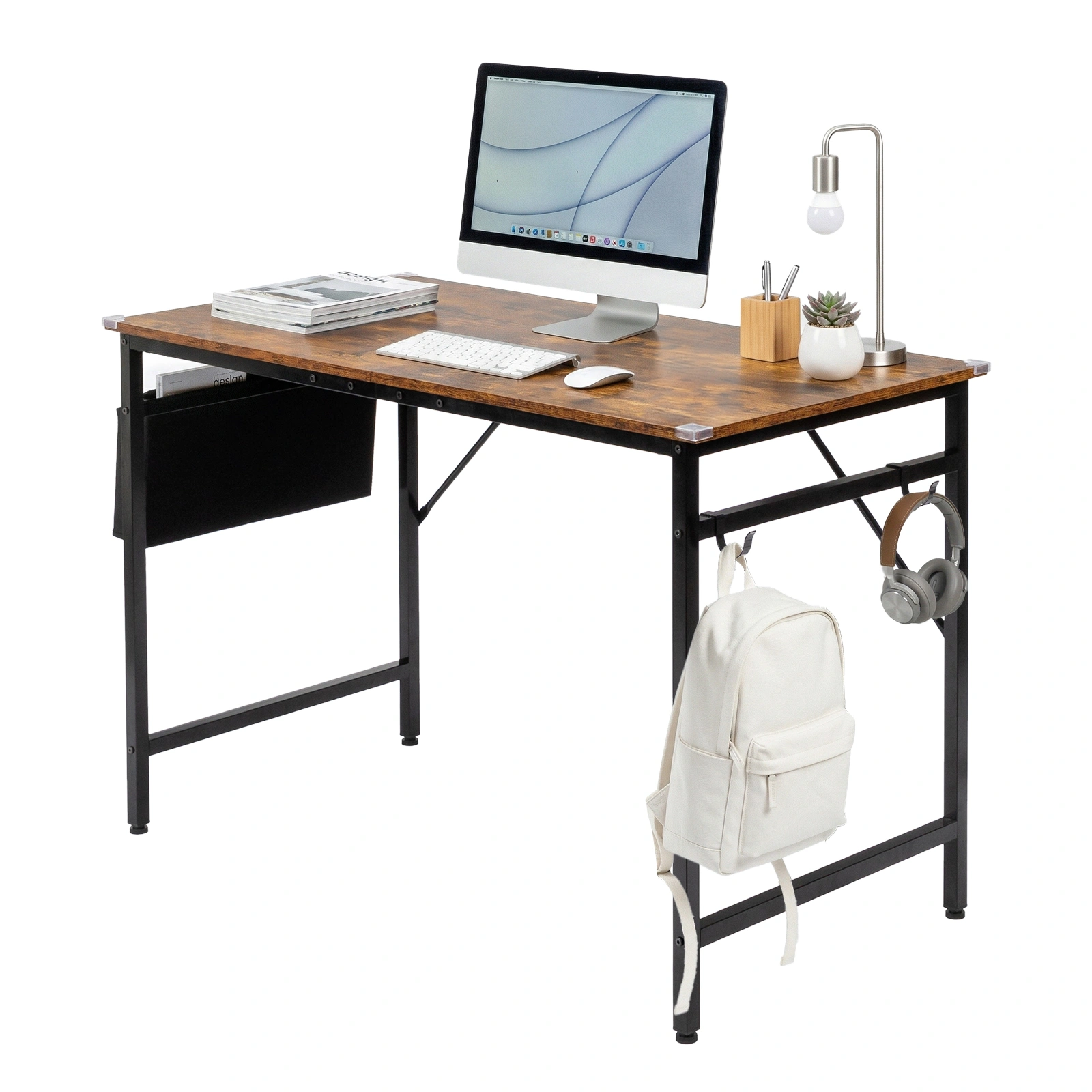 SG016FD Computer Desk 120cm, Rotten Wood Color Particleboard + Iron Pipe Study Table with Non-Woven Fabric Storage Shelf