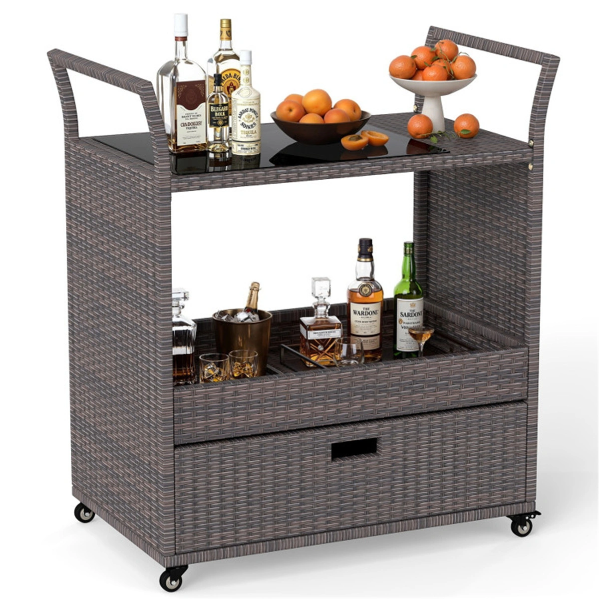 Handwoven PE Rattan Outdoor Bar Cart with Tempered Glass Top & Drawer, 4 Wheels with Brakes, Serving Cart for Patio