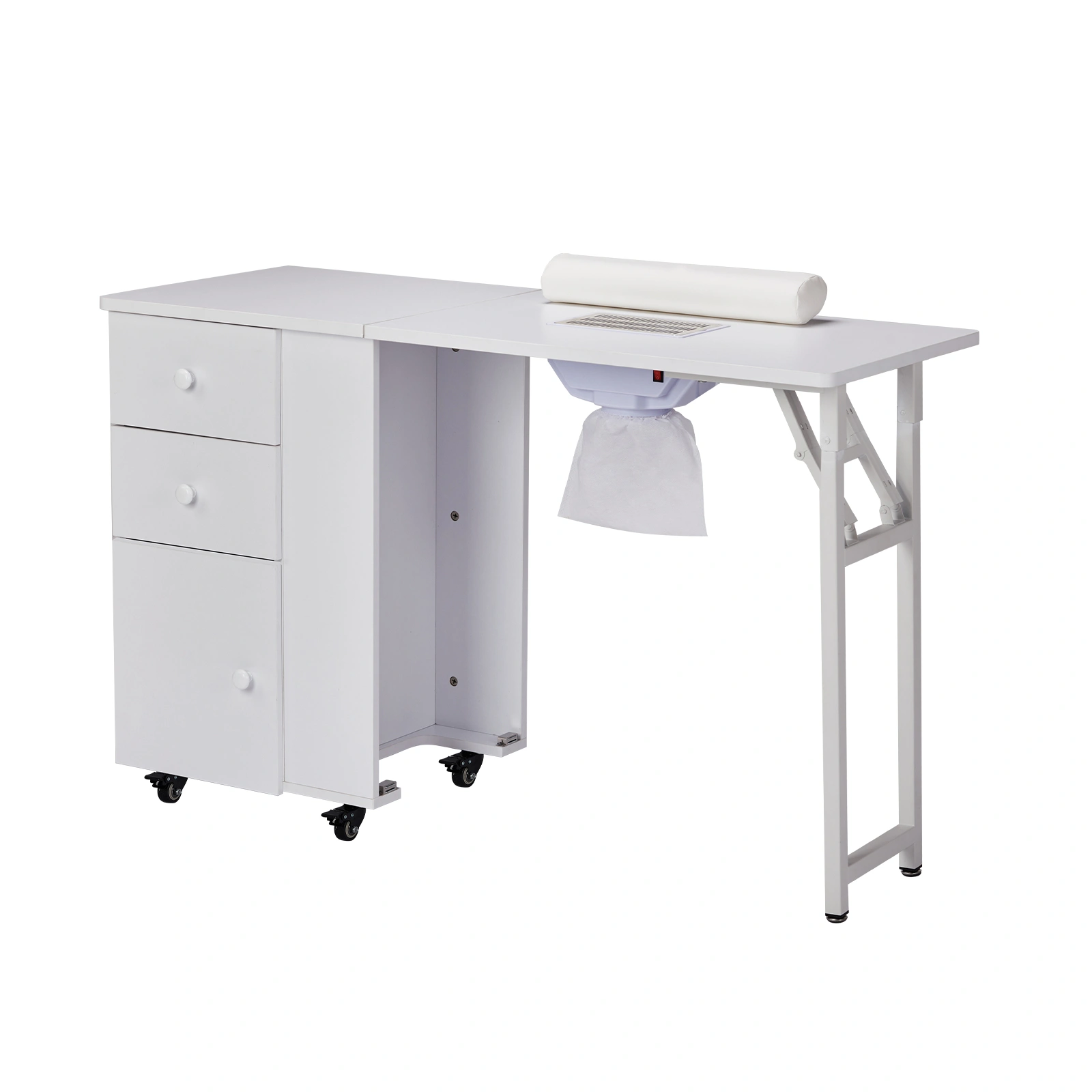 Foldable Manicure Table with Electric Dust Collector, Lockable Wheels & Drawers, White Beauty Salon Station with Wrist Rest