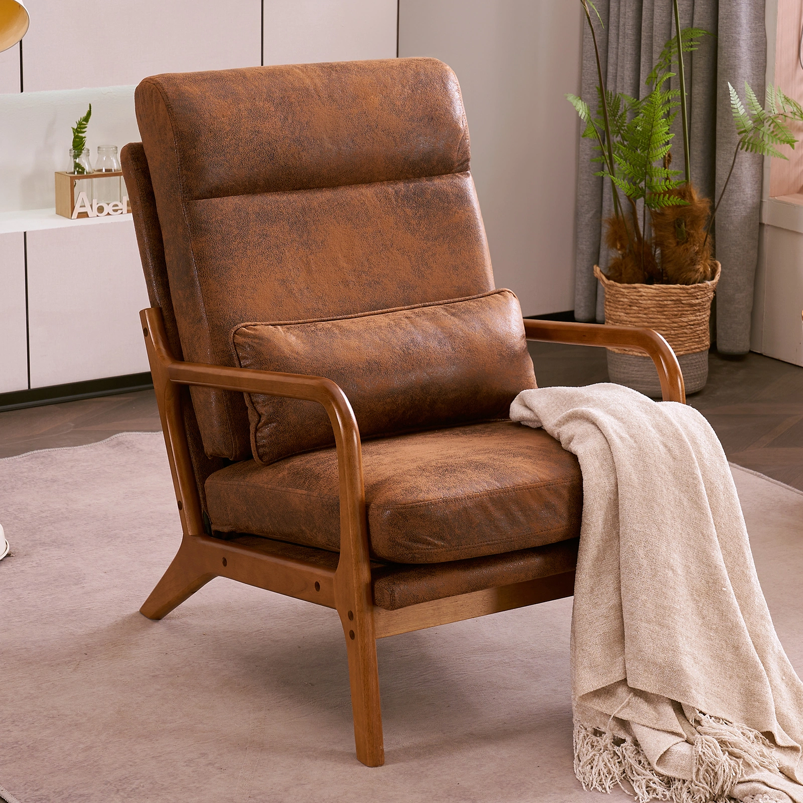 Orange High-Back Indoor Leisure Chair Solid Wood Armrests Iron Frame Bronzing Cloth view 17