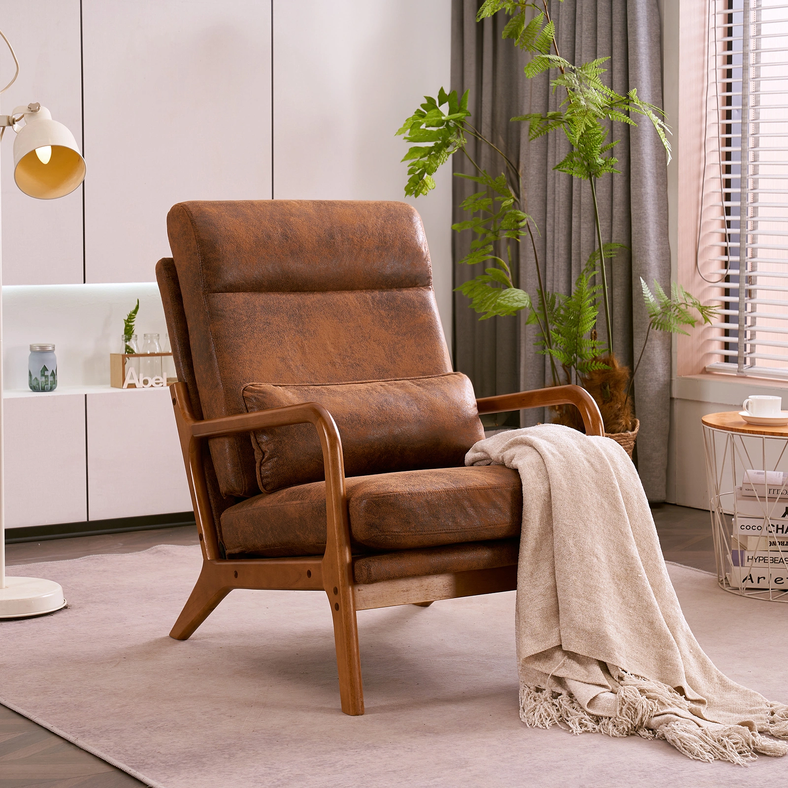 Orange High-Back Indoor Leisure Chair Solid Wood Armrests Iron Frame Bronzing Cloth view 18