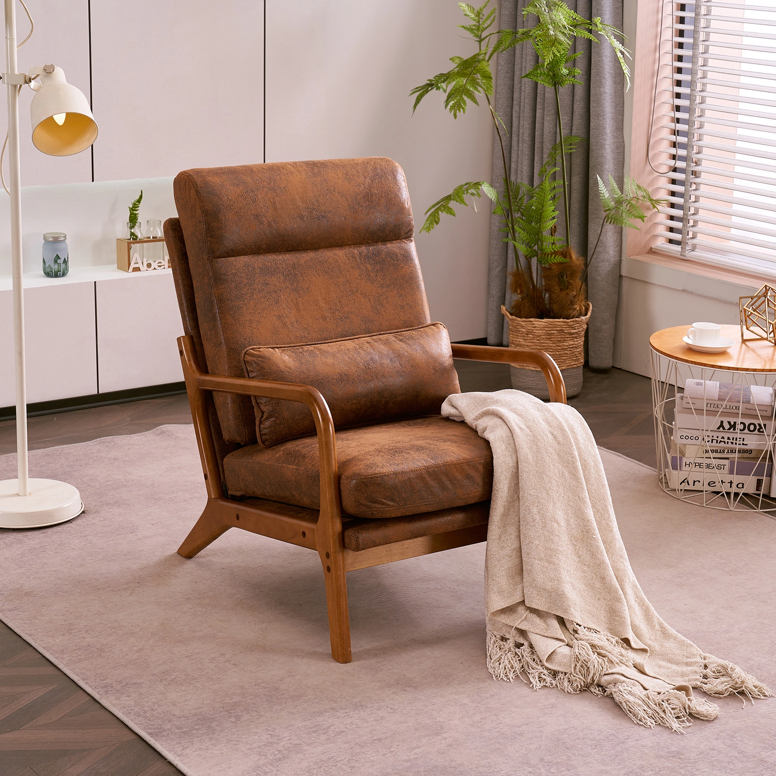 Orange High-Back Indoor Leisure Chair Solid Wood Armrests Iron Frame Bronzing Cloth view 19