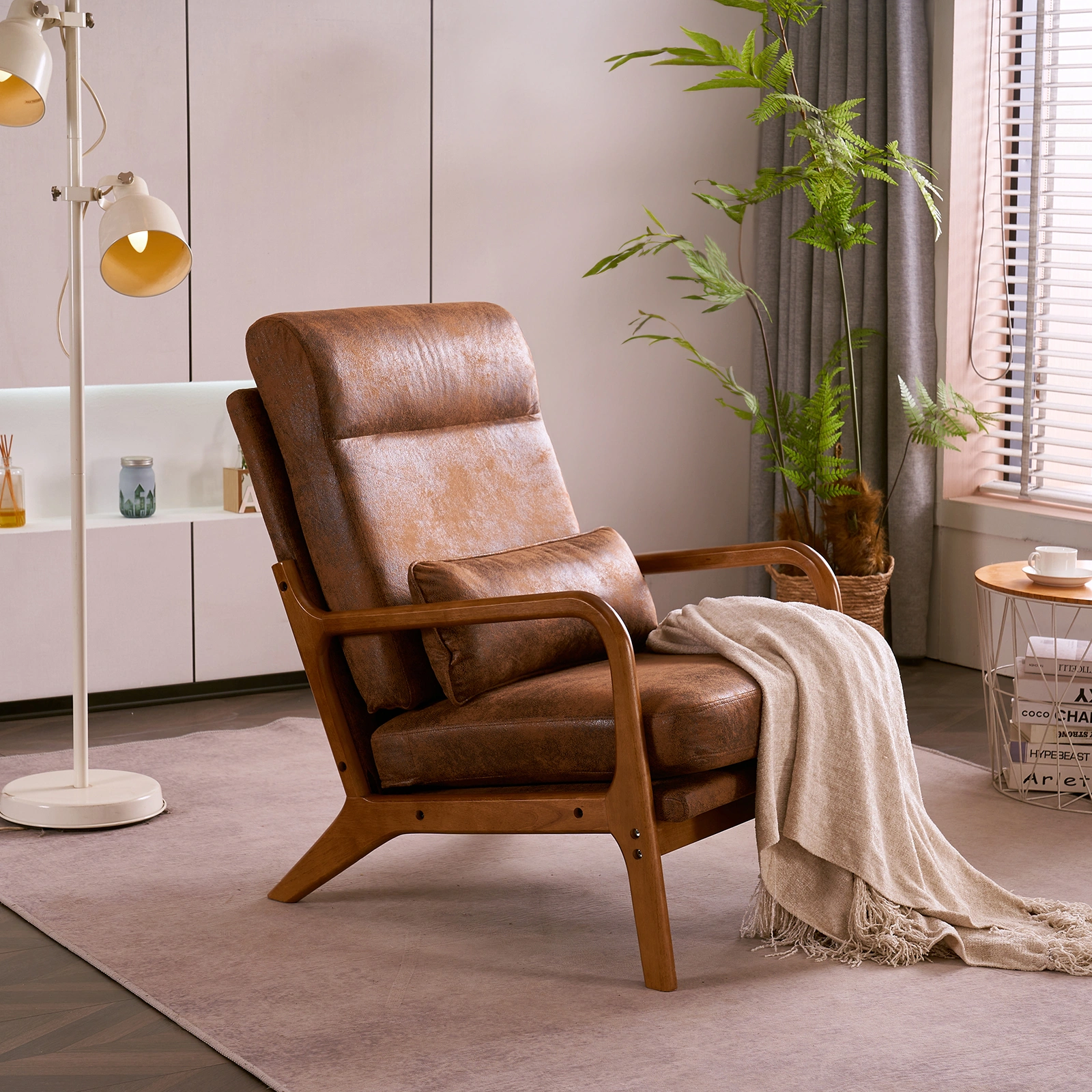 Orange High-Back Indoor Leisure Chair Solid Wood Armrests Iron Frame Bronzing Cloth view 20