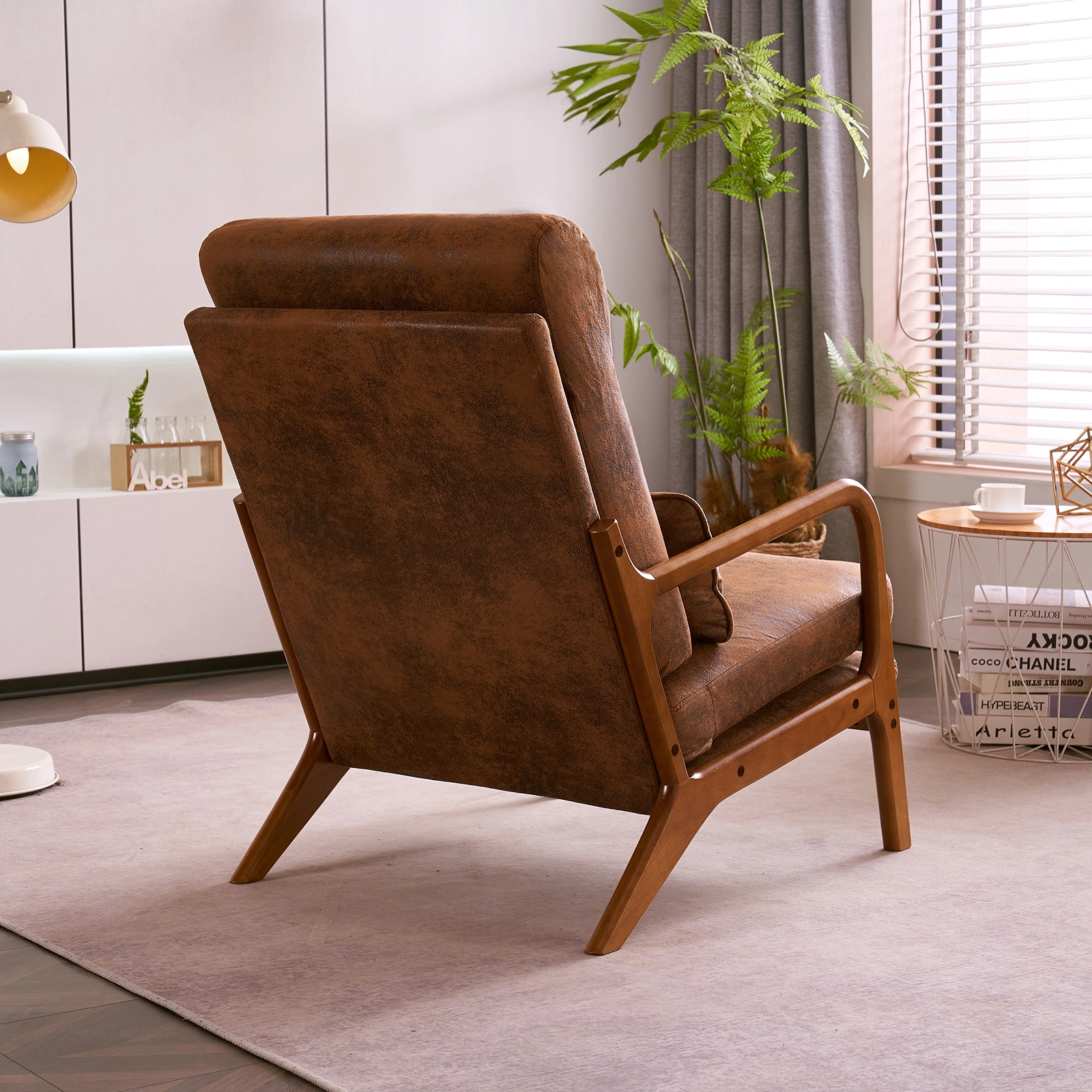 Orange High-Back Indoor Leisure Chair Solid Wood Armrests Iron Frame Bronzing Cloth view 21