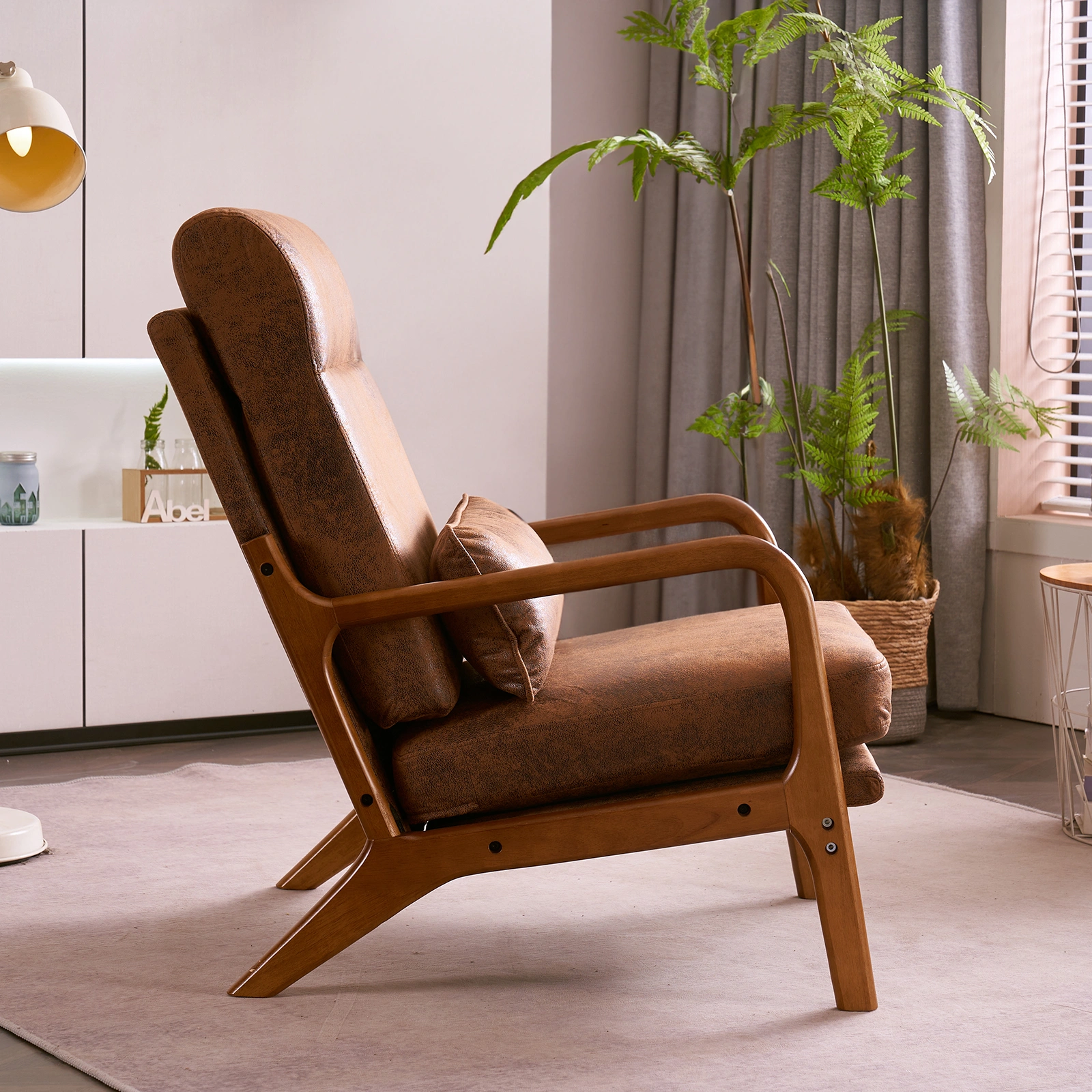Orange High-Back Indoor Leisure Chair Solid Wood Armrests Iron Frame Bronzing Cloth view 22