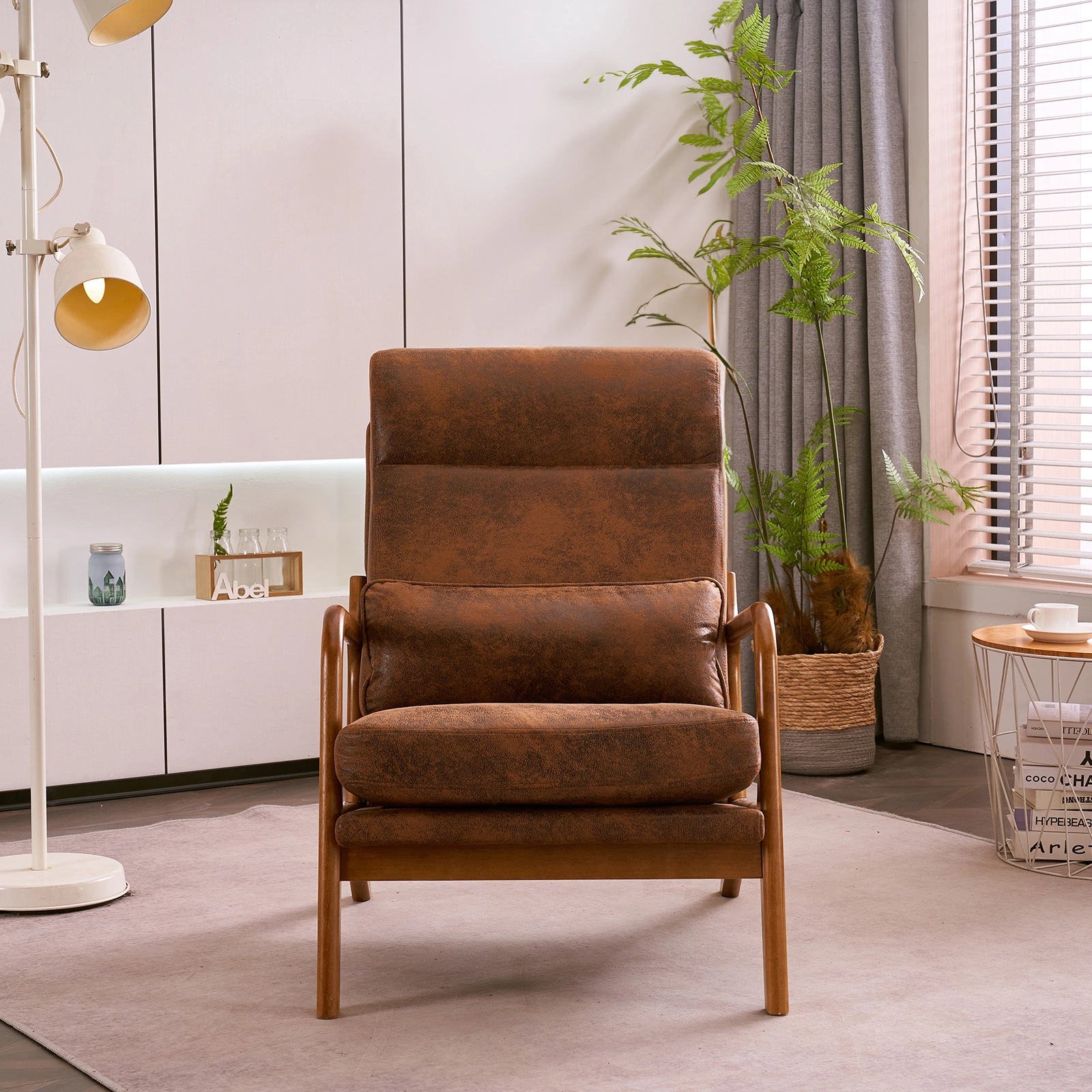 Orange High-Back Indoor Leisure Chair Solid Wood Armrests Iron Frame Bronzing Cloth view 25