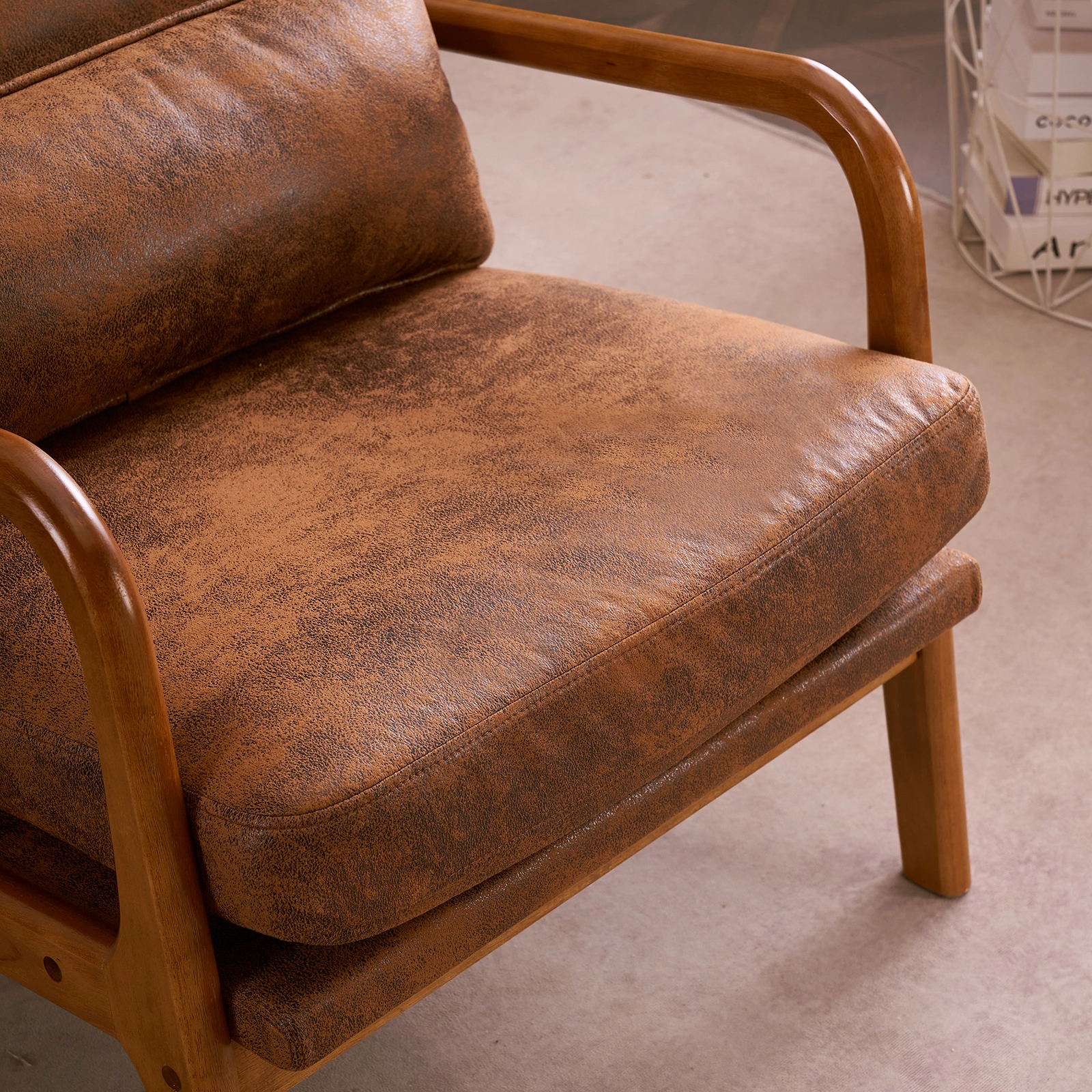 Orange High-Back Indoor Leisure Chair Solid Wood Armrests Iron Frame Bronzing Cloth view 26
