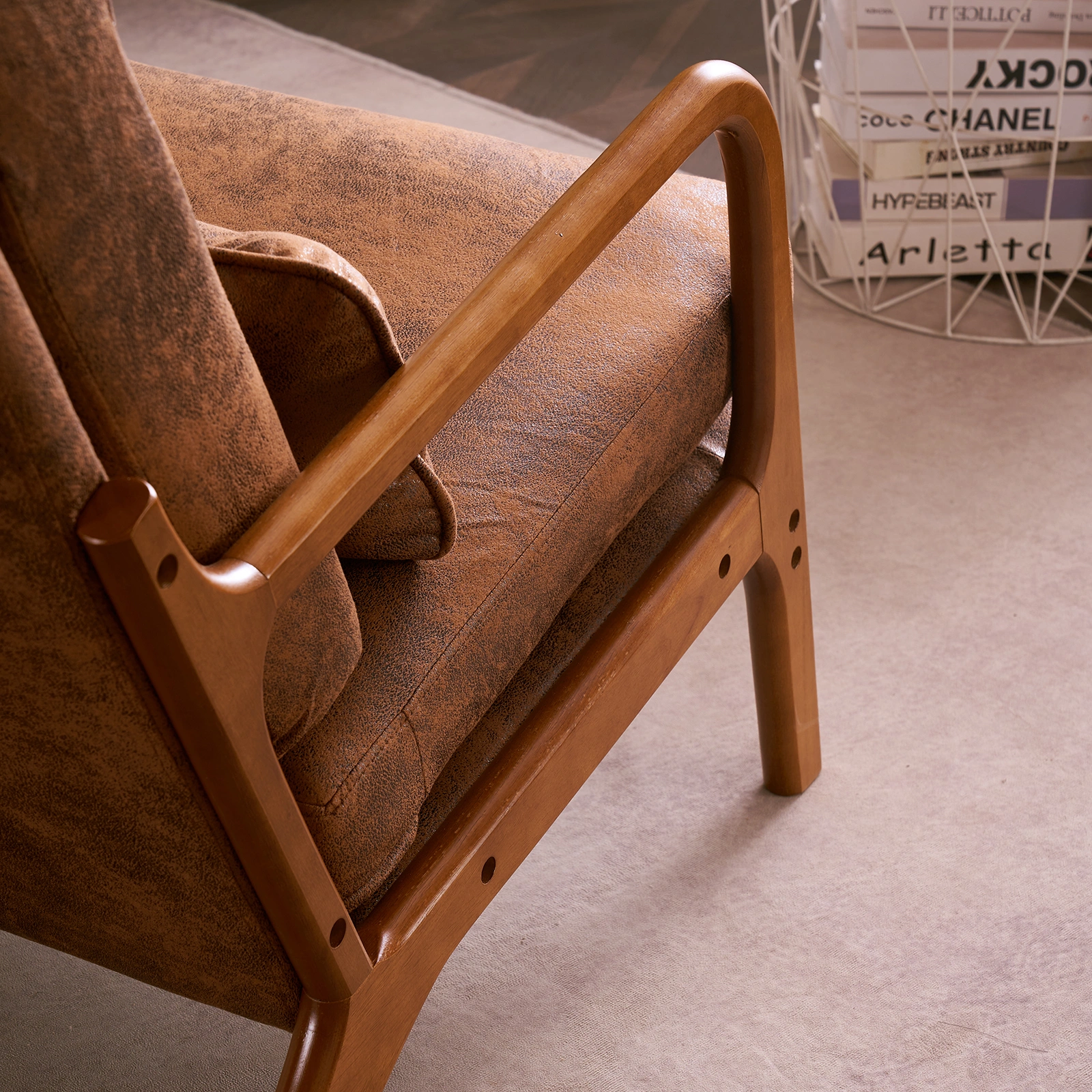 Orange High-Back Indoor Leisure Chair Solid Wood Armrests Iron Frame Bronzing Cloth view 27