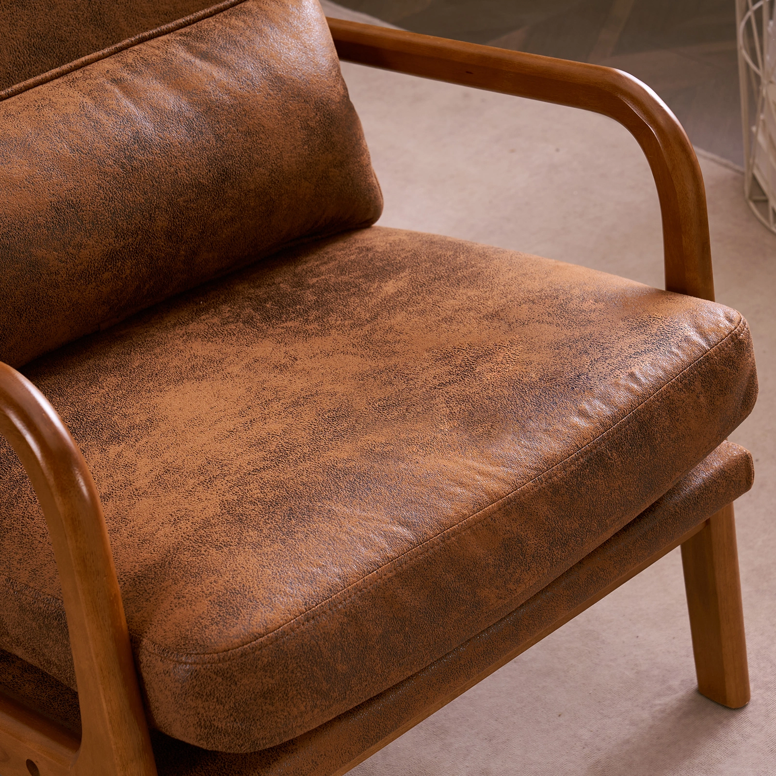 Orange High-Back Indoor Leisure Chair Solid Wood Armrests Iron Frame Bronzing Cloth view 36