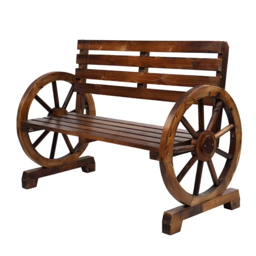 Rustic Wagon Wheel Bench 2-Person Outdoor Garden Patio Seat, Solid Fir Wood, Dark Brown