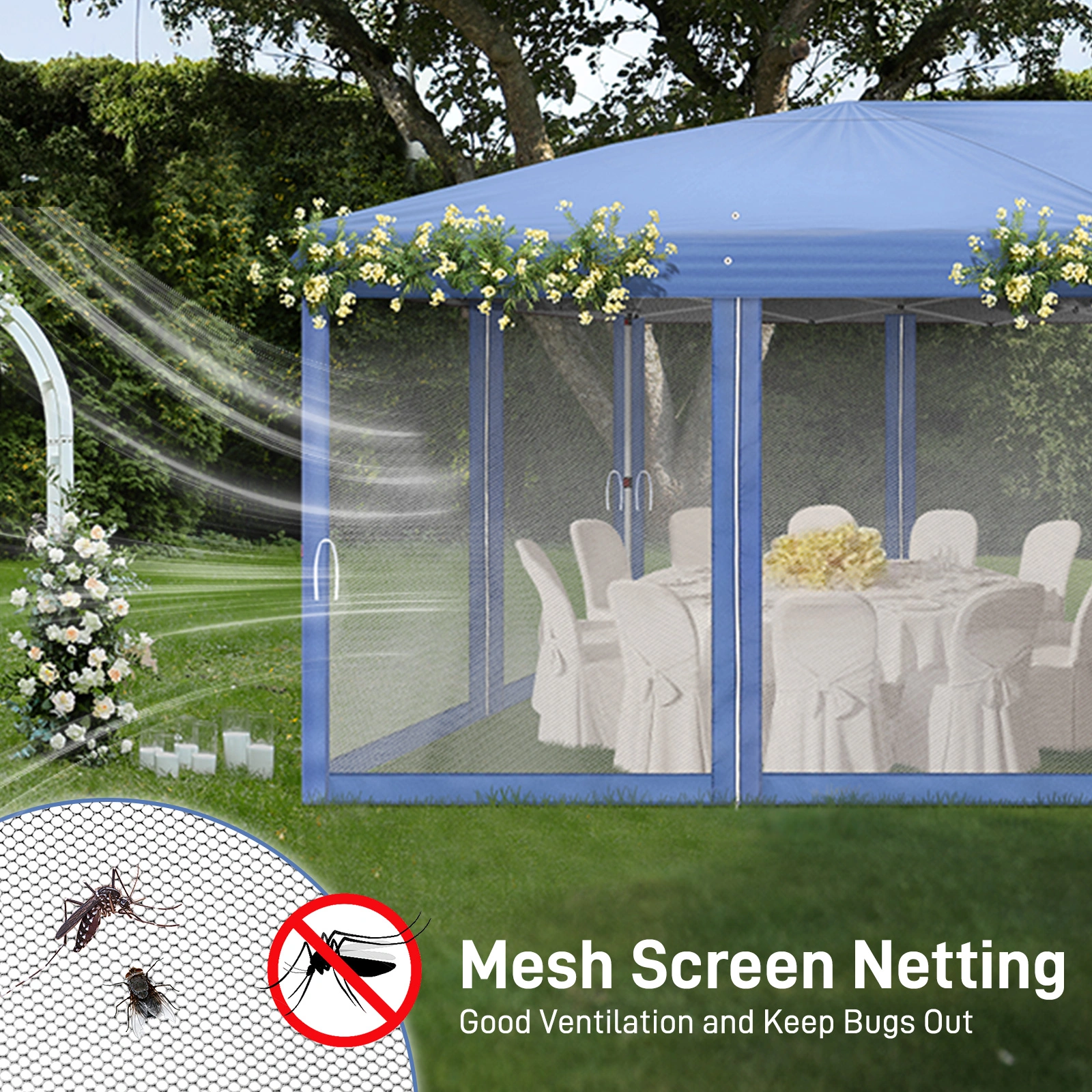 10x20 ft Blue Pop Up Canopy Tent, Instant Folding Shelter 6 Mesh Panels 2 Doors 4 Windows, Powder Coated Iron Frame, 210D Oxford Fabric Outdoor Canopy with Carry Bag, No Sandbags view 11