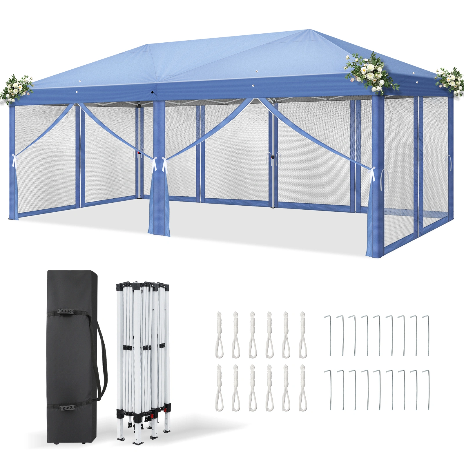 10x20 ft Blue Pop Up Canopy Tent, Instant Folding Shelter 6 Mesh Panels 2 Doors 4 Windows, Powder Coated Iron Frame, 210D Oxford Fabric Outdoor Canopy with Carry Bag, No Sandbags view 2