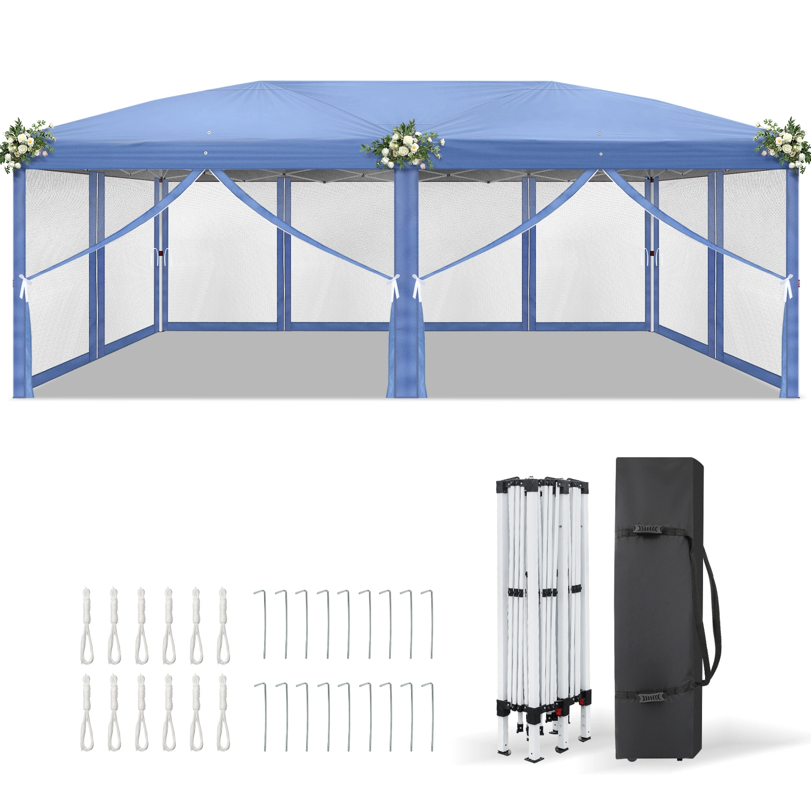 10x20 ft Blue Pop Up Canopy Tent, Instant Folding Shelter 6 Mesh Panels 2 Doors 4 Windows, Powder Coated Iron Frame, 210D Oxford Fabric Outdoor Canopy with Carry Bag, No Sandbags view 3