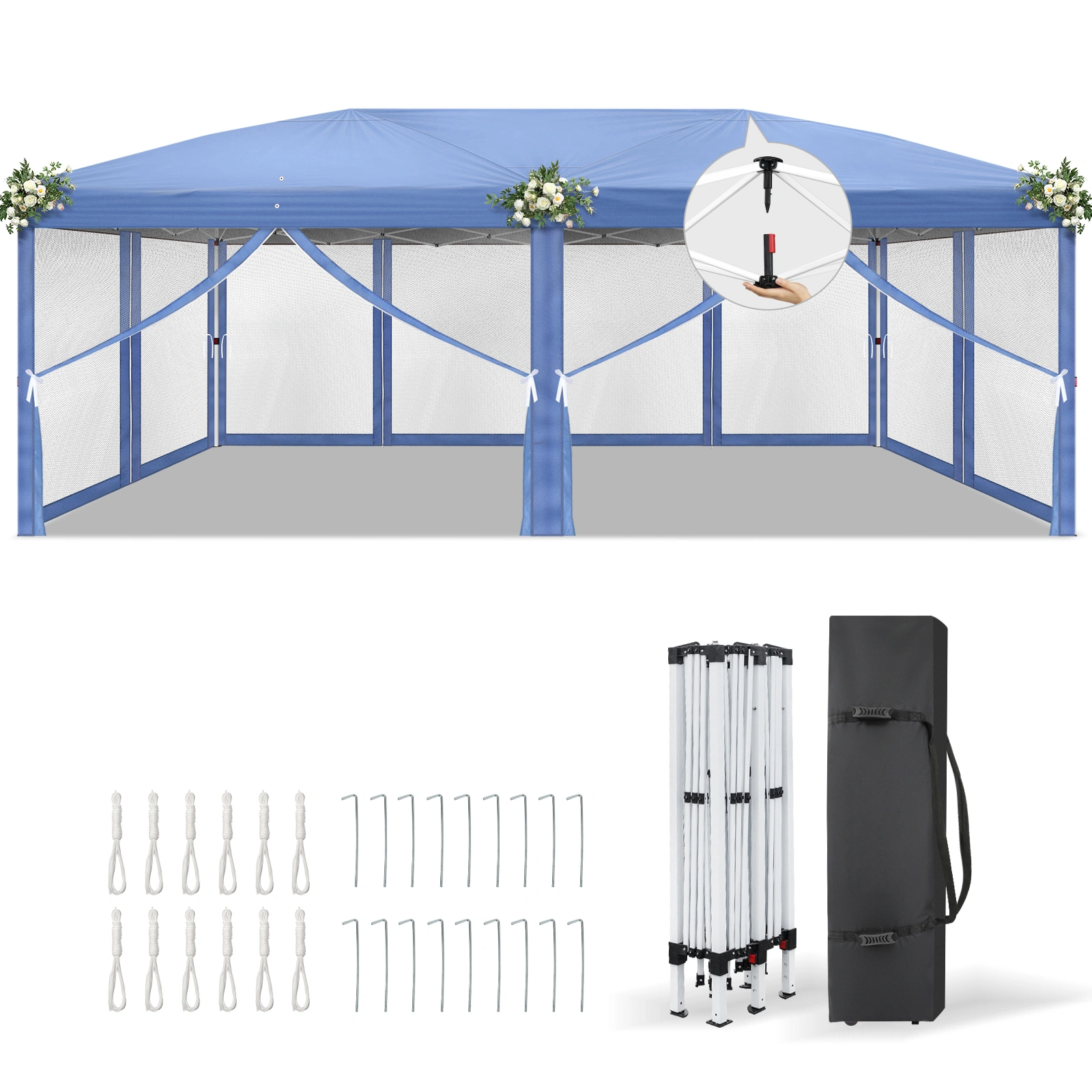 10x20 ft Blue Pop Up Canopy Tent, Instant Folding Shelter 6 Mesh Panels 2 Doors 4 Windows, Powder Coated Iron Frame, 210D Oxford Fabric Outdoor Canopy with Carry Bag, No Sandbags view 4