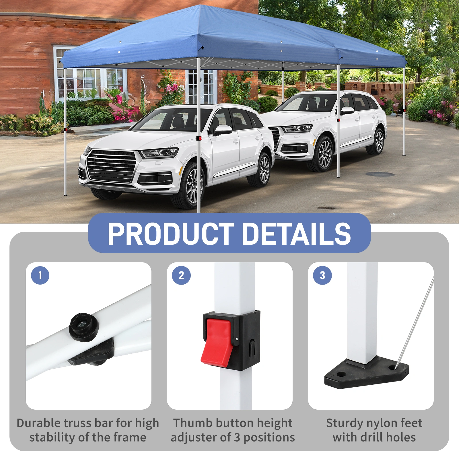 10x20 ft Blue Pop Up Canopy Tent, Instant Folding Shelter 6 Mesh Panels 2 Doors 4 Windows, Powder Coated Iron Frame, 210D Oxford Fabric Outdoor Canopy with Carry Bag, No Sandbags view 6