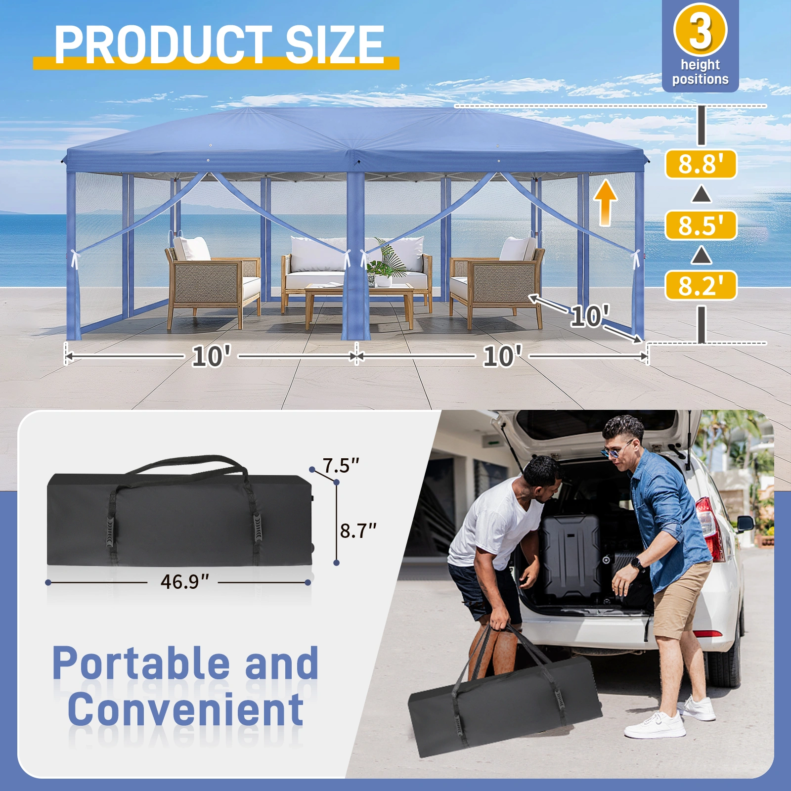 10x20 ft Blue Pop Up Canopy Tent, Instant Folding Shelter 6 Mesh Panels 2 Doors 4 Windows, Powder Coated Iron Frame, 210D Oxford Fabric Outdoor Canopy with Carry Bag, No Sandbags view 7