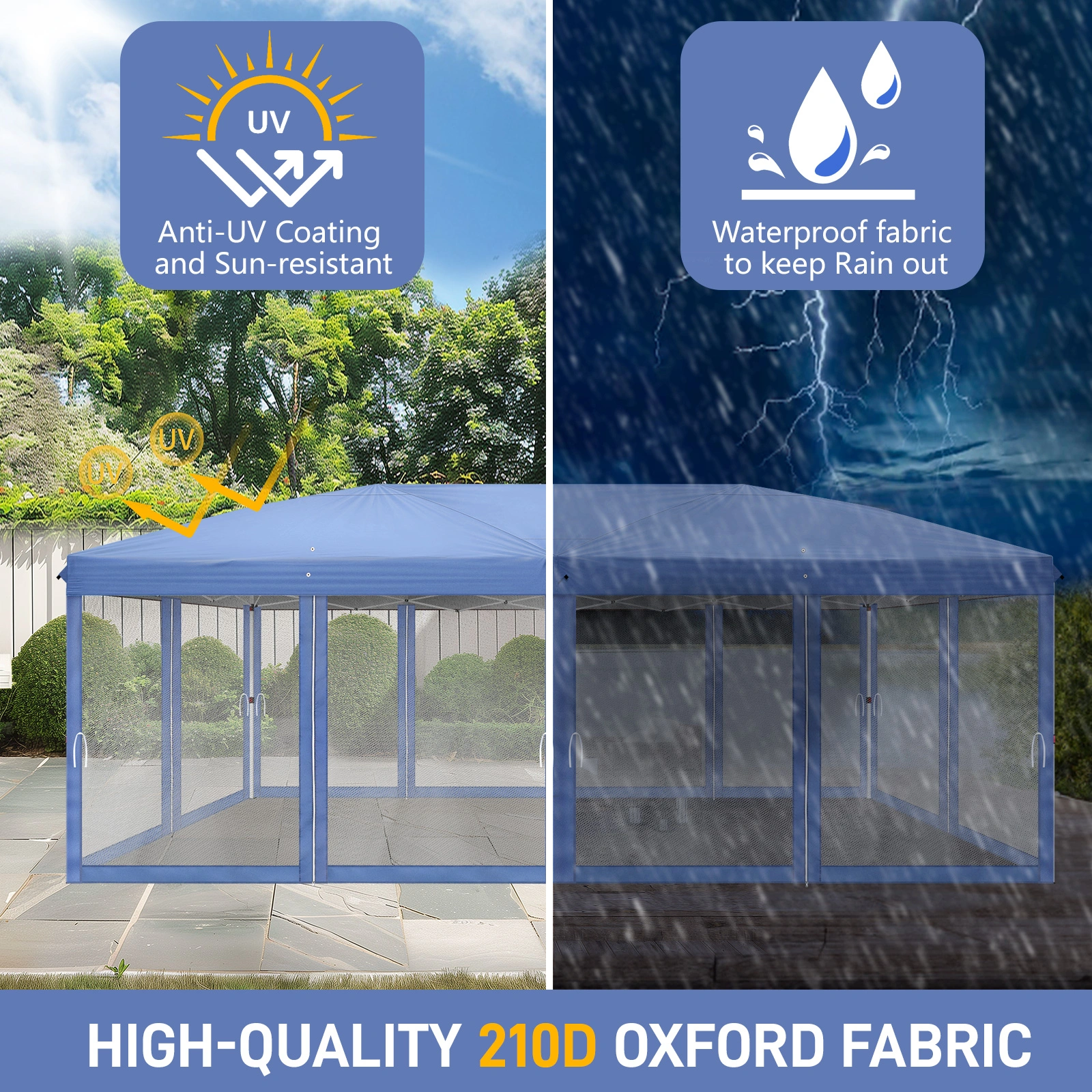 10x20 ft Blue Pop Up Canopy Tent, Instant Folding Shelter 6 Mesh Panels 2 Doors 4 Windows, Powder Coated Iron Frame, 210D Oxford Fabric Outdoor Canopy with Carry Bag, No Sandbags view 8