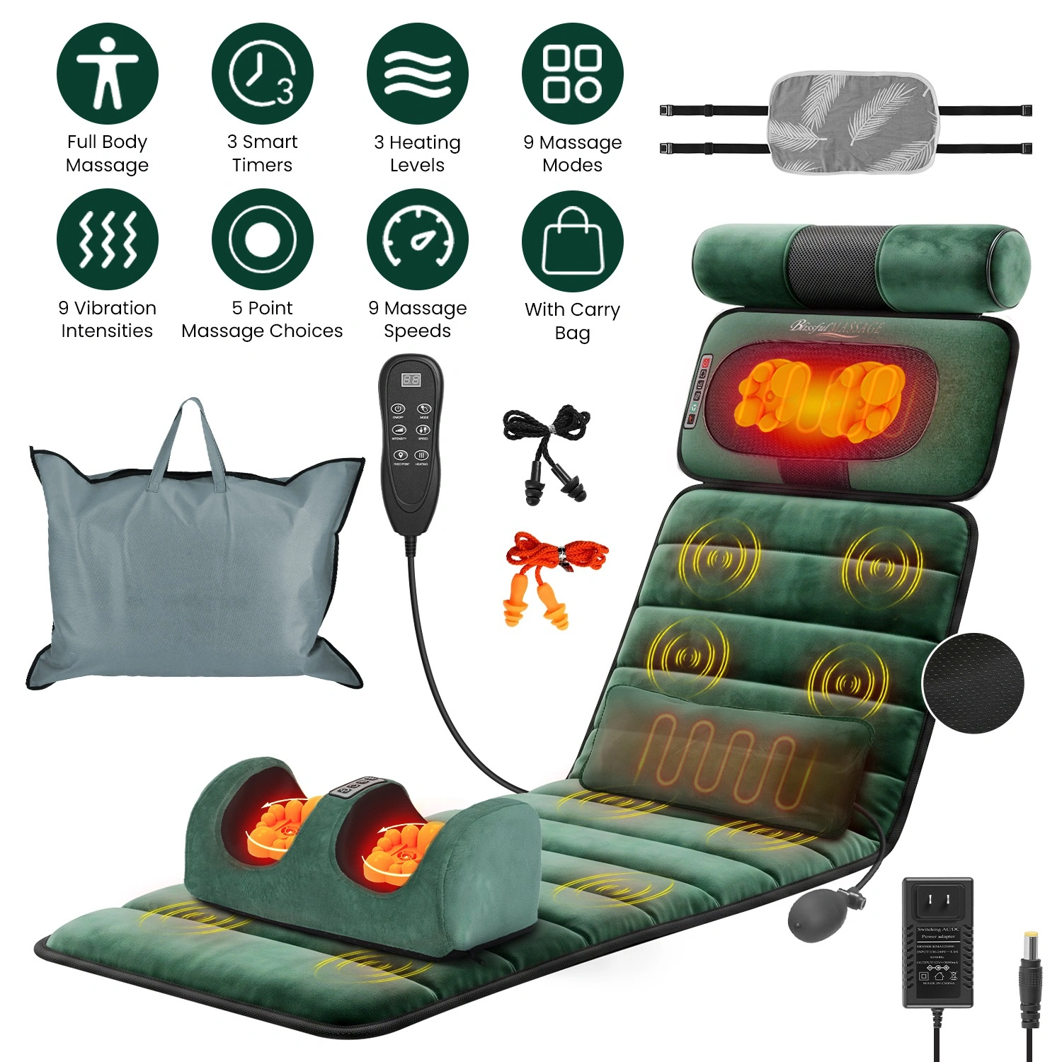 Full Body Electric Massage Mat, Detachable Neck & Foot Kneader, Inflatable Lumbar Pillow with Heat, 10 Vibration Points, Multi-Mode Timer, Anti-Slip, Foldable, Storage Bag