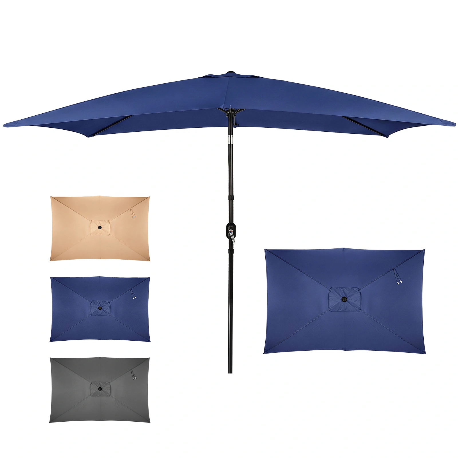 10 x 6.5 FT Square Patio Umbrella, Navy Blue Tilting Outdoor Sun Umbrella with 6 Iron Ribs & Iron Pole, Polyester Garden Shade