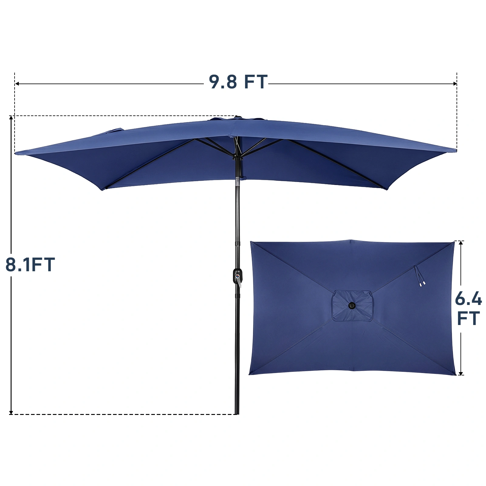 10 x 6.5 FT Square Patio Umbrella, Navy Blue Tilting Outdoor Sun Umbrella with 6 Iron Ribs & Iron Pole, Polyester Garden Shade view 3