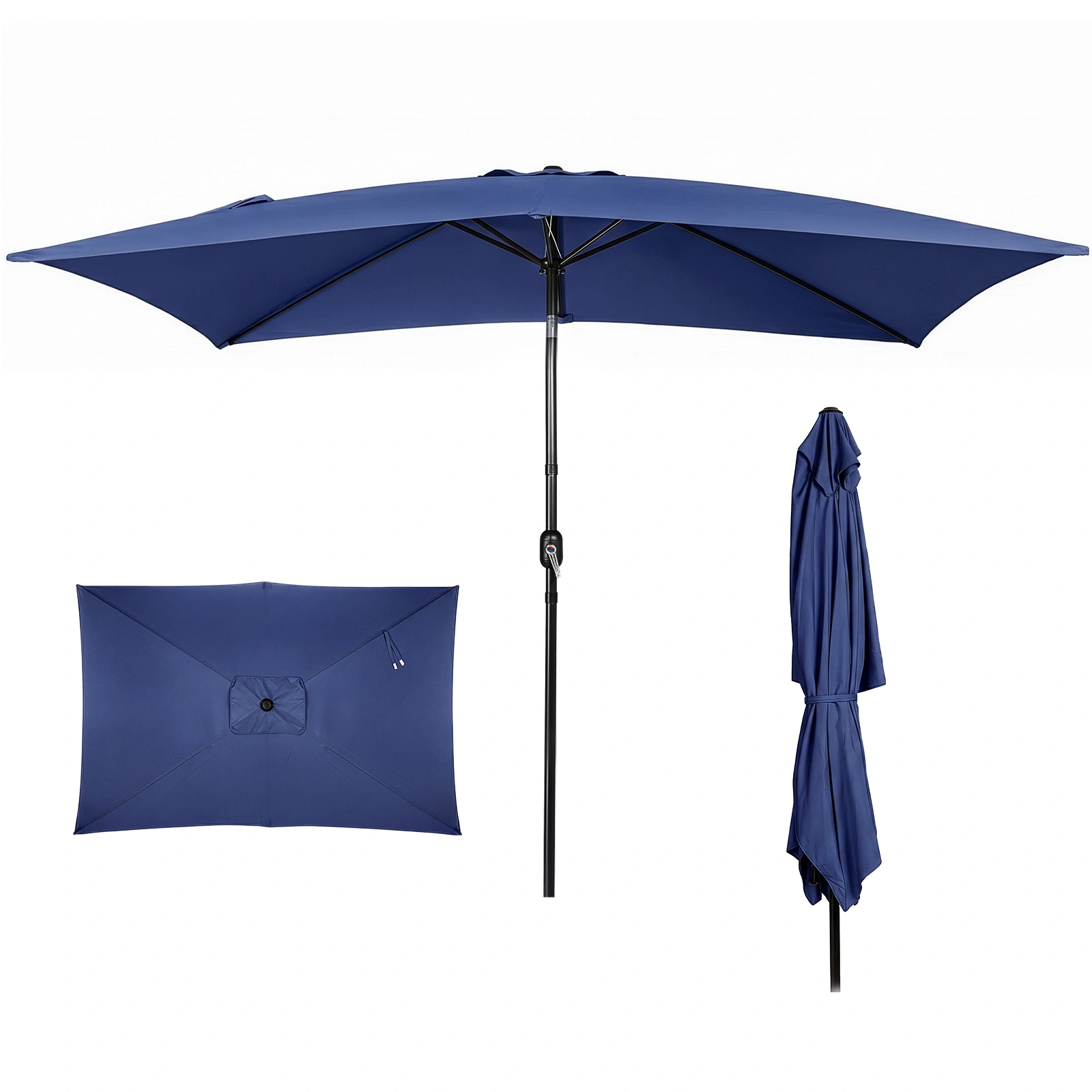 10 x 6.5 FT Square Patio Umbrella, Navy Blue Tilting Outdoor Sun Umbrella with 6 Iron Ribs & Iron Pole, Polyester Garden Shade view 4