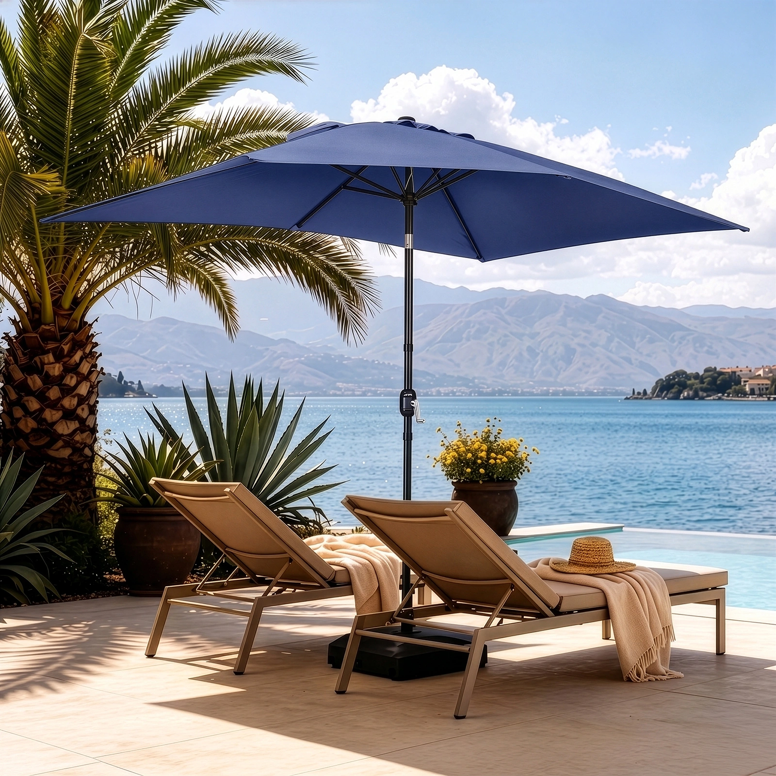 10 x 6.5 FT Square Patio Umbrella, Navy Blue Tilting Outdoor Sun Umbrella with 6 Iron Ribs & Iron Pole, Polyester Garden Shade view 9