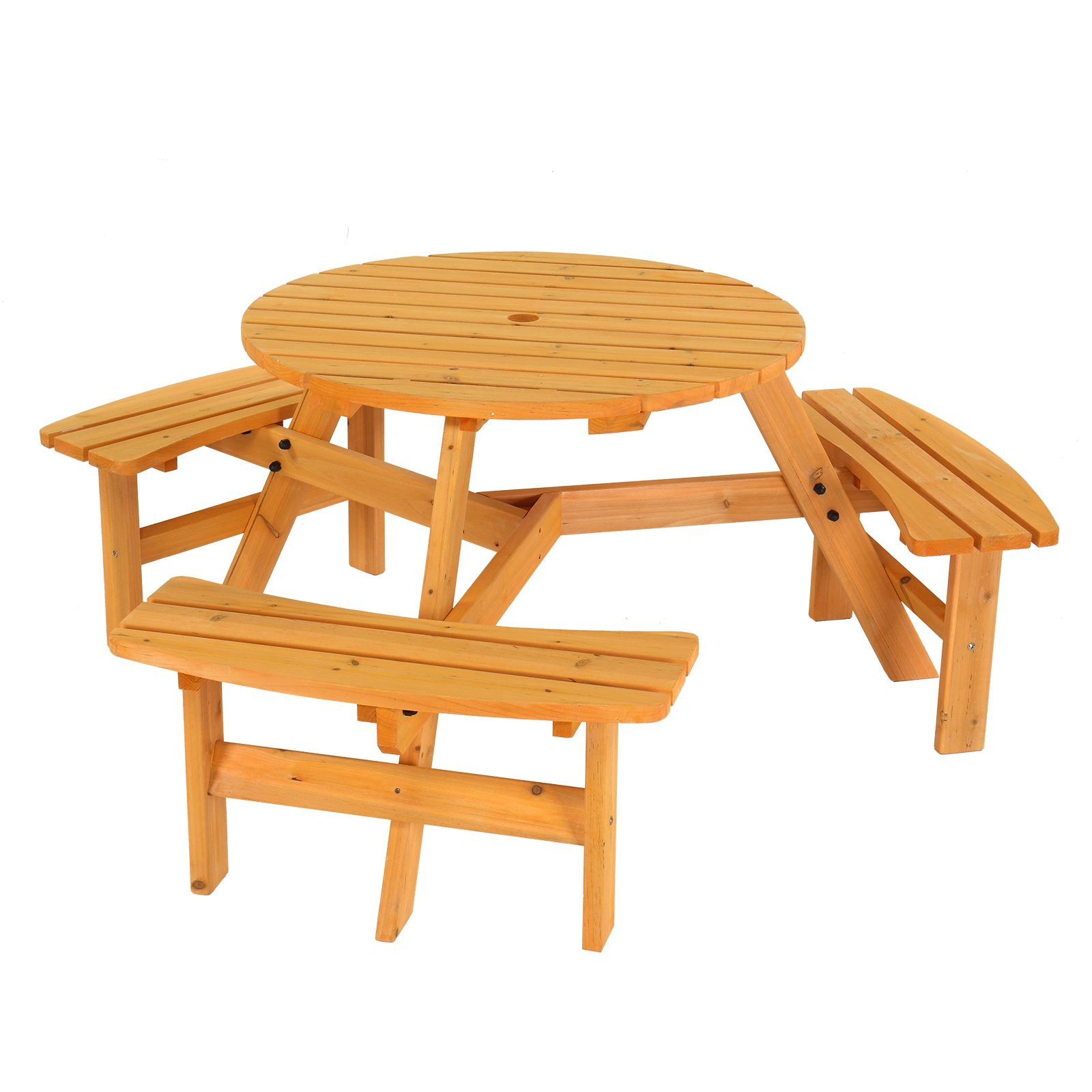 6-Person Round Wooden Picnic Table with 3 Built-In Benches - Outdoor Patio Backyard Garden Lawn