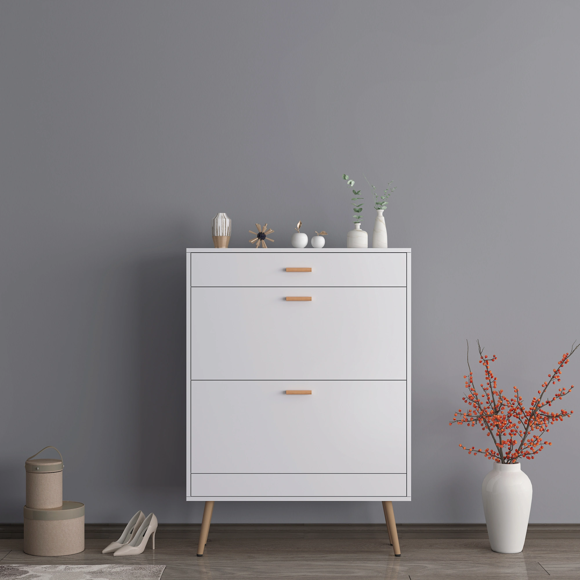 White Entryway Shoe Cabinet - 16 Pair Shoe Rack Storage Organizer with 2 Flip Drawers for Heels Boots Slippers