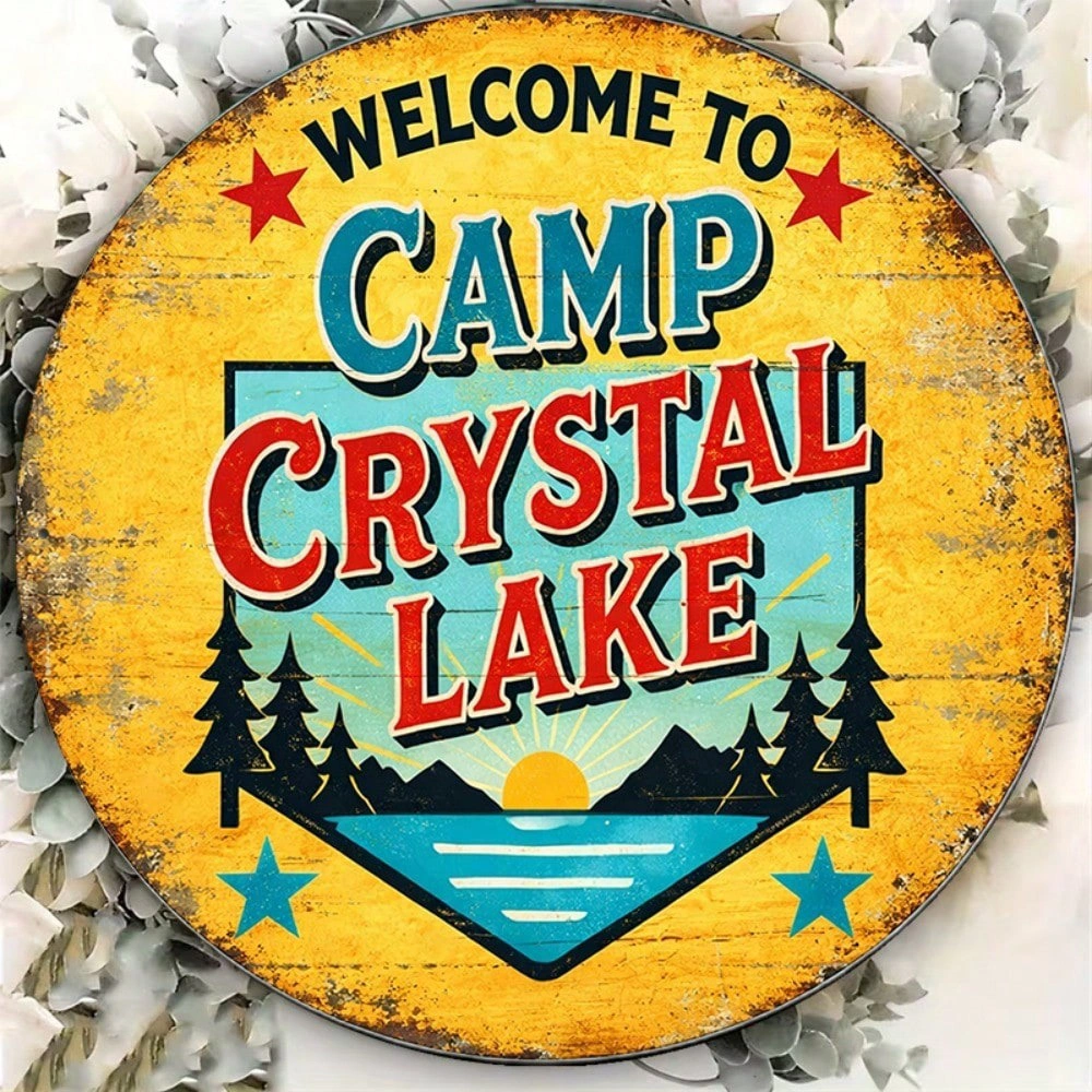 Vintage Camp Crystal Lake Sign 8x8in, Round Metal Wall Decor for Game Room Bar Garage Man Cave Rustic Cabin Home