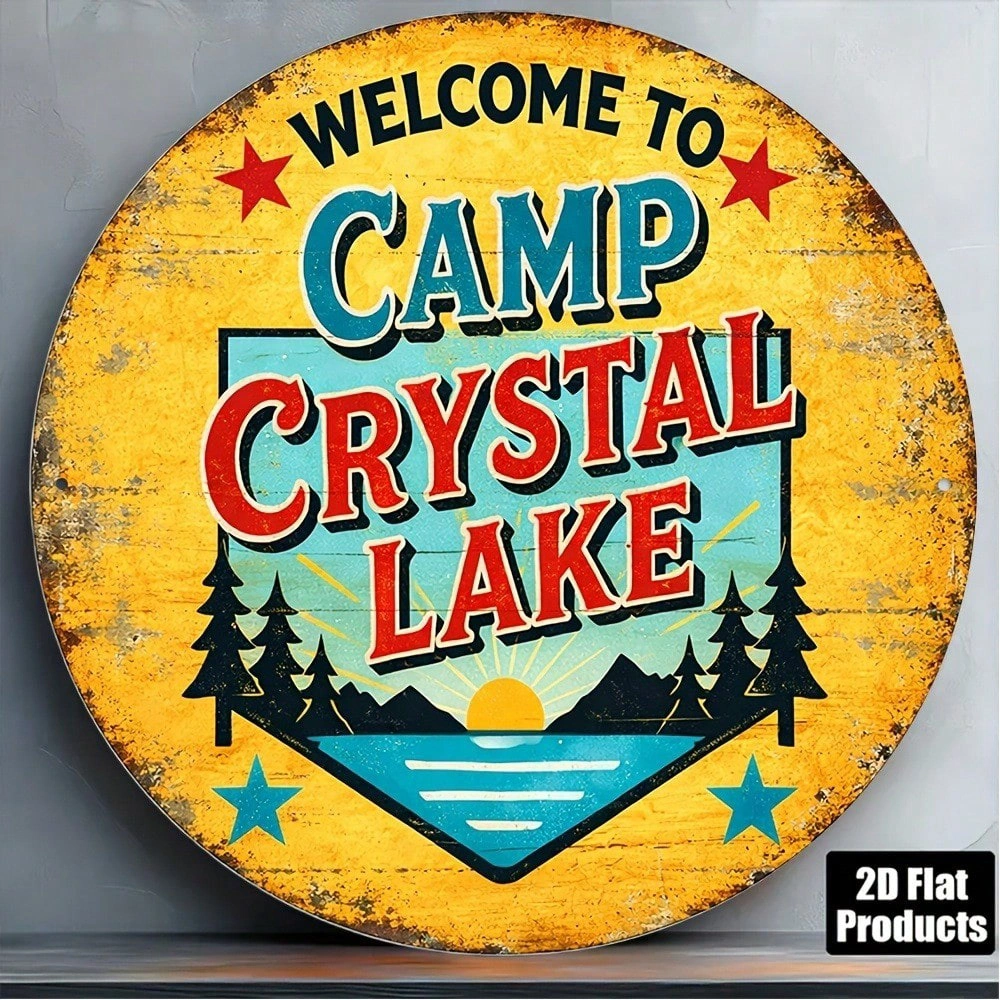 Vintage Camp Crystal Lake Sign 8x8in, Round Metal Wall Decor for Game Room Bar Garage Man Cave Rustic Cabin Home view 6