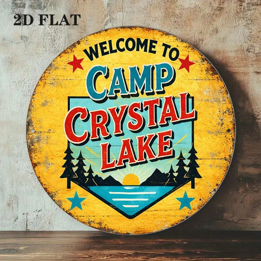 Vintage Camp Crystal Lake Sign 8x8in, Round Metal Wall Decor for Game Room Bar Garage Man Cave Rustic Cabin Home view 9