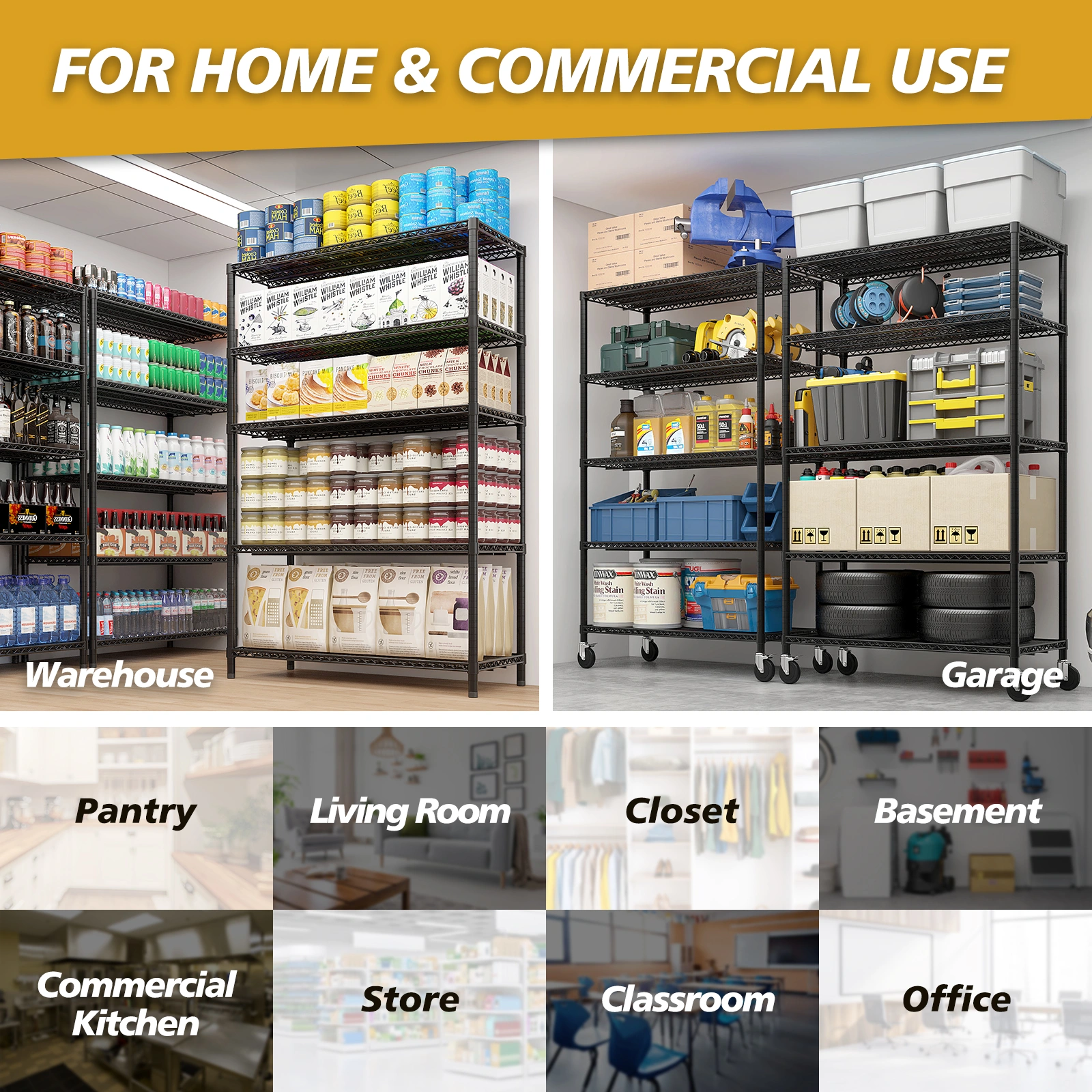 12" W Wire Shelving Unit 75.59" H X 55.12"W X 23.62"D 3200LBS Heavy Duty Adjustable Metal Shelves NSF Garage Pantry Commercial Storage Rack w/Wheels view 2