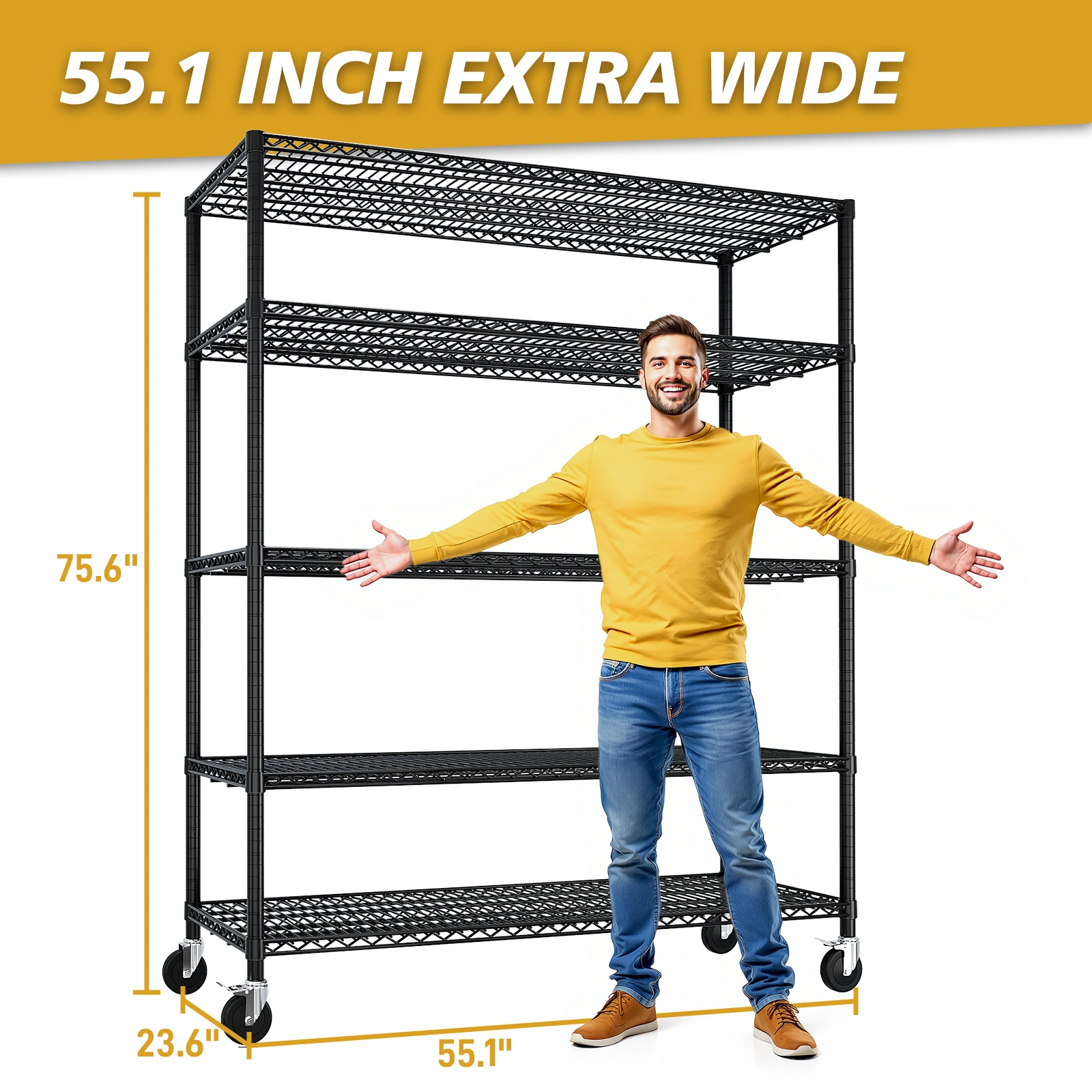 12" W Wire Shelving Unit 75.59" H X 55.12"W X 23.62"D 3200LBS Heavy Duty Adjustable Metal Shelves NSF Garage Pantry Commercial Storage Rack w/Wheels view 8