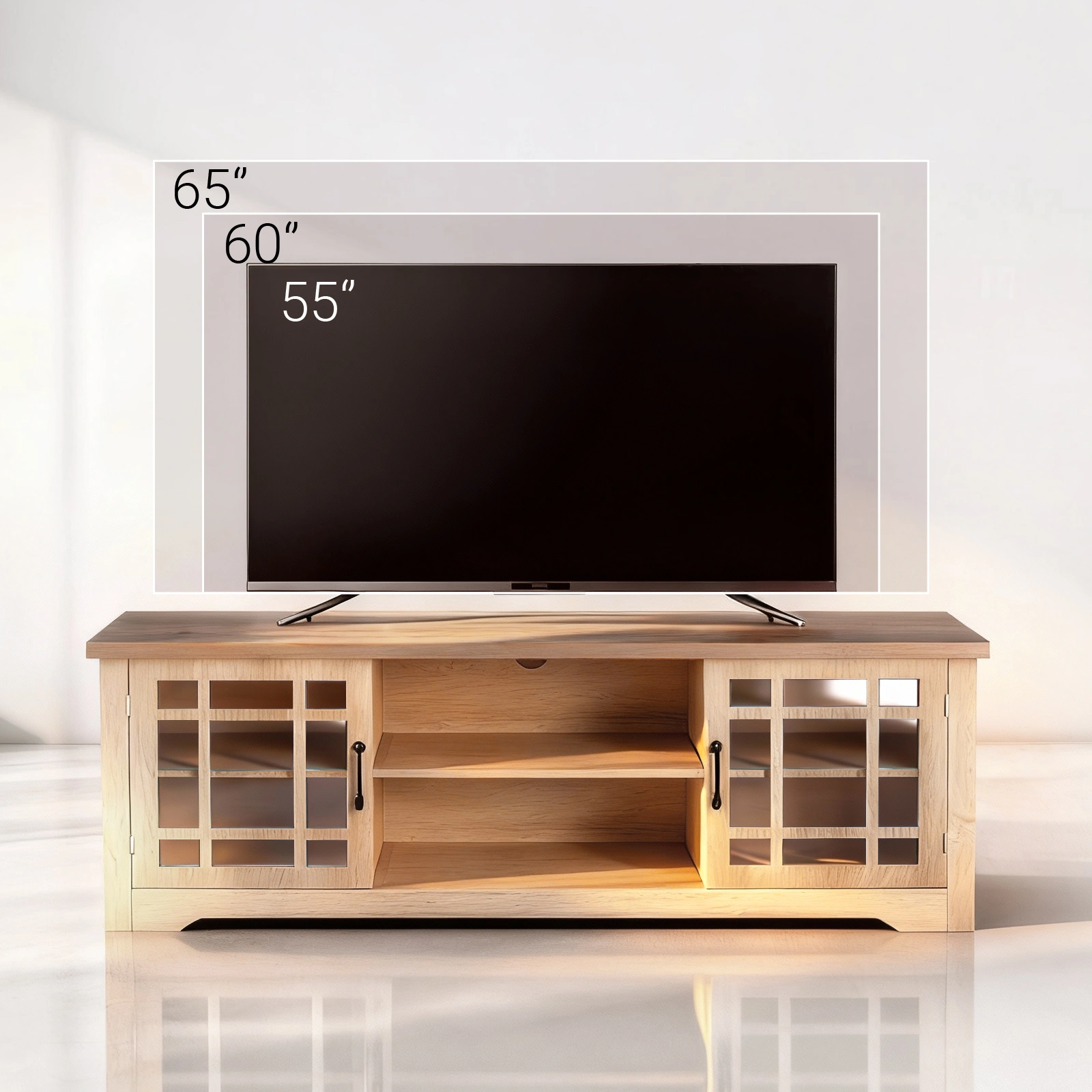 57.87 Inch TV Stand Media Console with Double Glass Doors Deep Brown Top Natural Wood Cabinet for TVs Up to 65 Inches