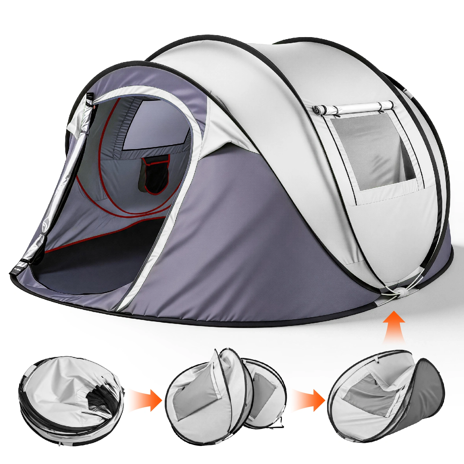 4 Person Pop Up Camping Tent, Waterproof Instant Family Tent with Front Awning, Automatic Throw Up Flip Tent - Light Gray
