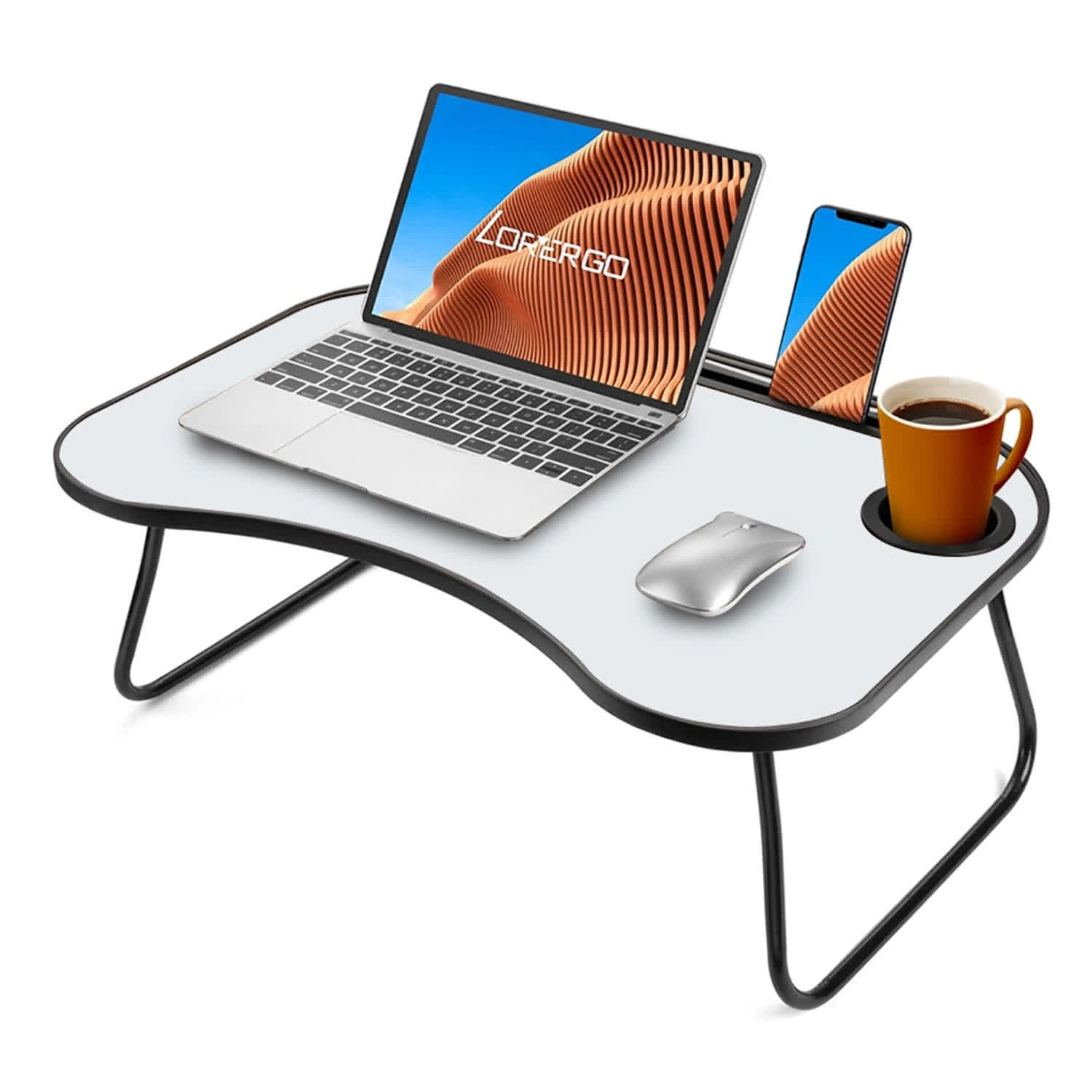 Portable Laptop Desk Foldable Bed Desk 26.5"x18.5" Gray White Matte Metal Wood Frame with Cup Holder for Bed Car Couch Indoor Outdoor Use