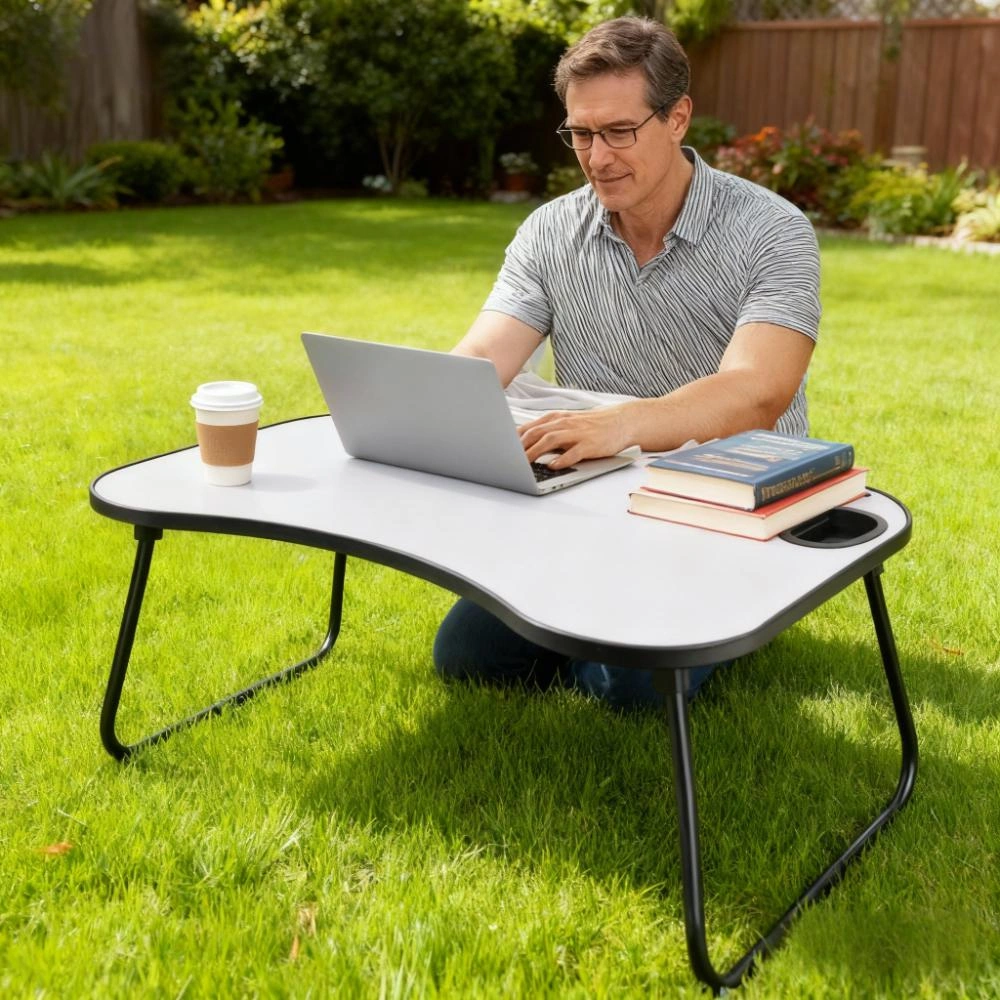 Portable Laptop Desk Foldable Bed Desk 26.5"x18.5" Gray White Matte Metal Wood Frame with Cup Holder for Bed Car Couch Indoor Outdoor Use view 3