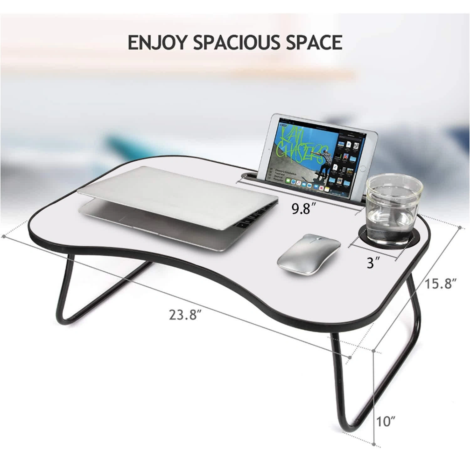 Portable Laptop Desk Foldable Bed Desk 26.5"x18.5" Gray White Matte Metal Wood Frame with Cup Holder for Bed Car Couch Indoor Outdoor Use view 4