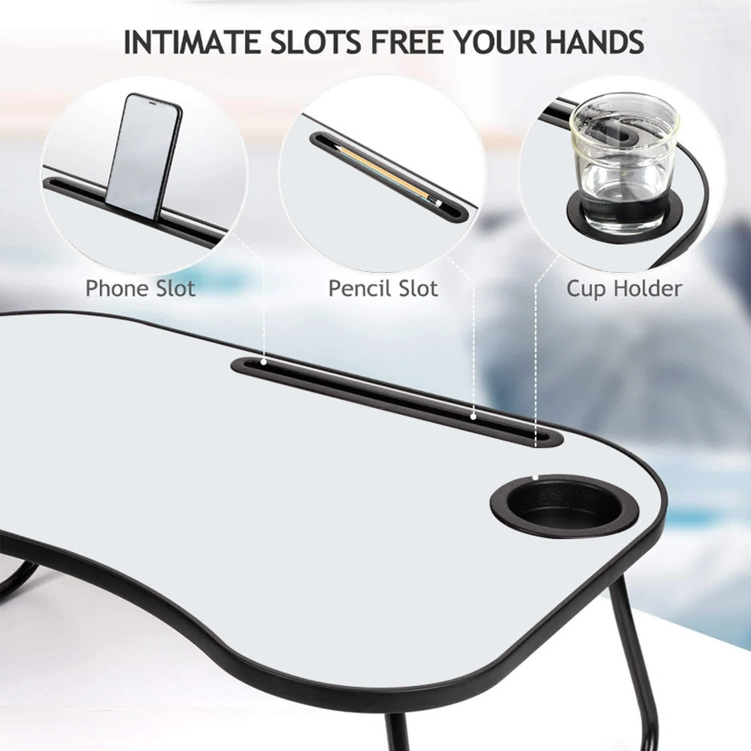 Portable Laptop Desk Foldable Bed Desk 26.5"x18.5" Gray White Matte Metal Wood Frame with Cup Holder for Bed Car Couch Indoor Outdoor Use view 5