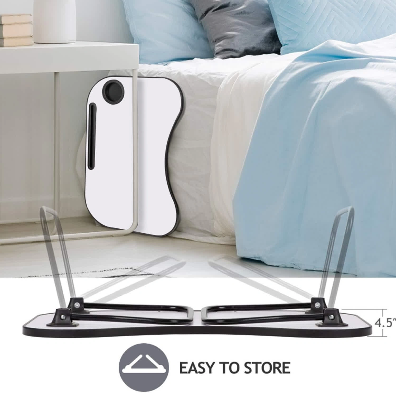 Portable Laptop Desk Foldable Bed Desk 26.5"x18.5" Gray White Matte Metal Wood Frame with Cup Holder for Bed Car Couch Indoor Outdoor Use view 6