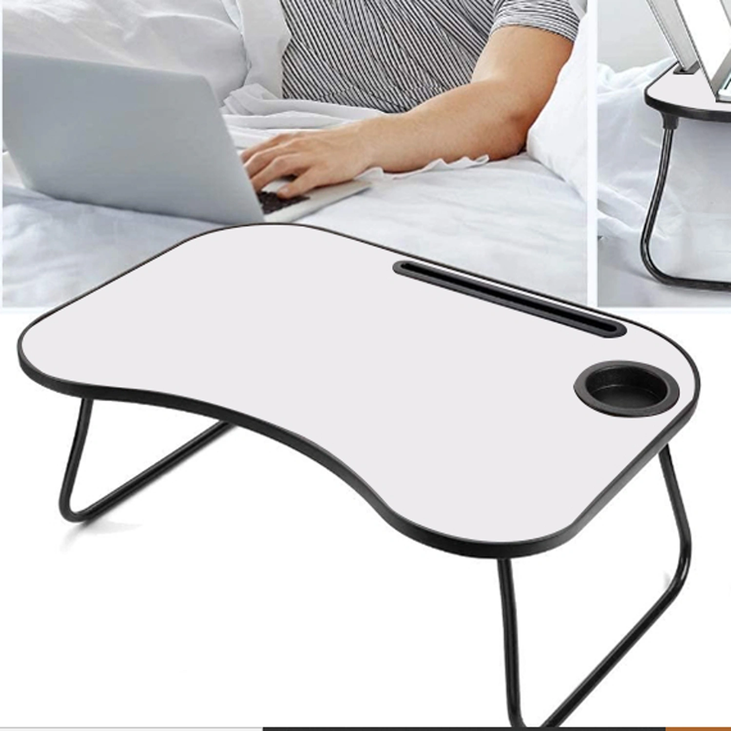 Portable Laptop Desk Foldable Bed Desk 26.5"x18.5" Gray White Matte Metal Wood Frame with Cup Holder for Bed Car Couch Indoor Outdoor Use view 7