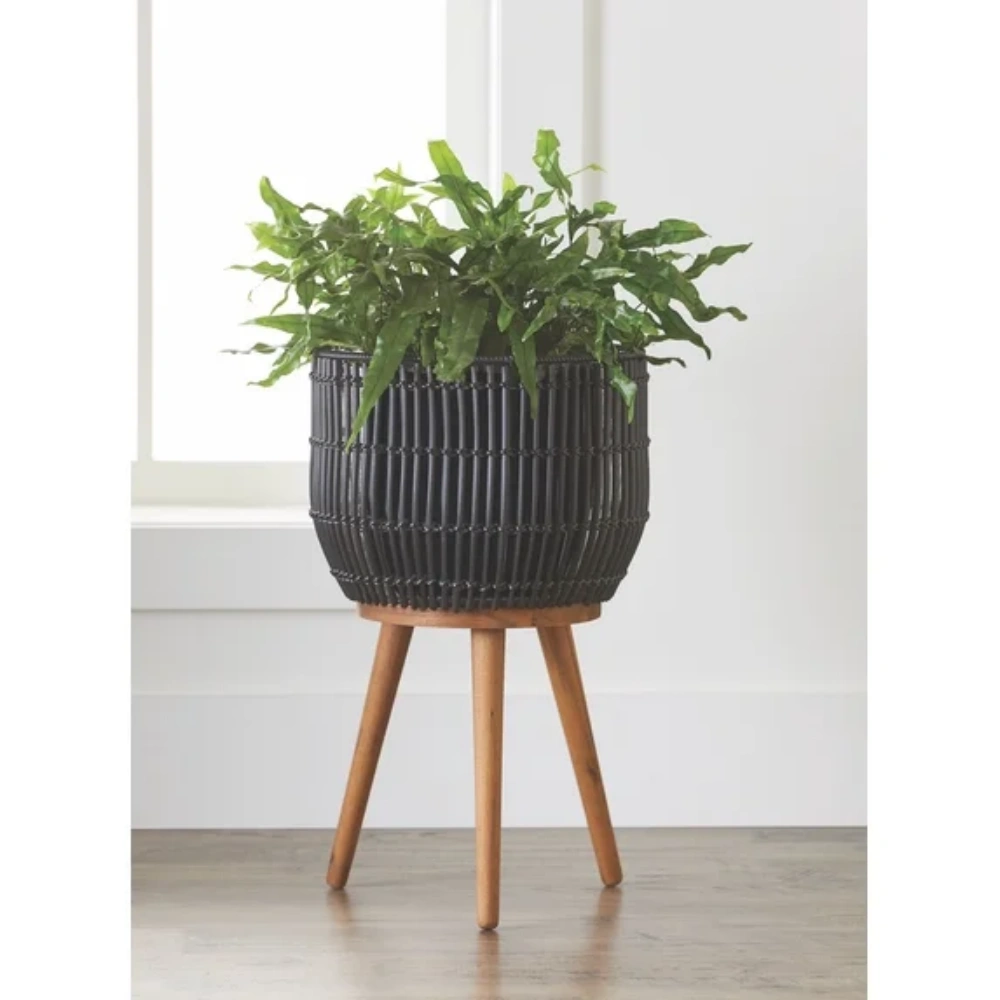 Black Round Resin Planter Pot with Matching Stand, Decorative Planter Box with Wood Legs for Indoor Outdoor